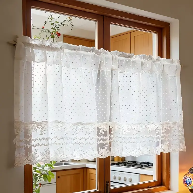 1pc Short Lace Curtain with Floral Embroidery, Ideal for Kitchen Windows, Bookshelf Curtains, Rod Pocket Design, Perfect for Coffee Area