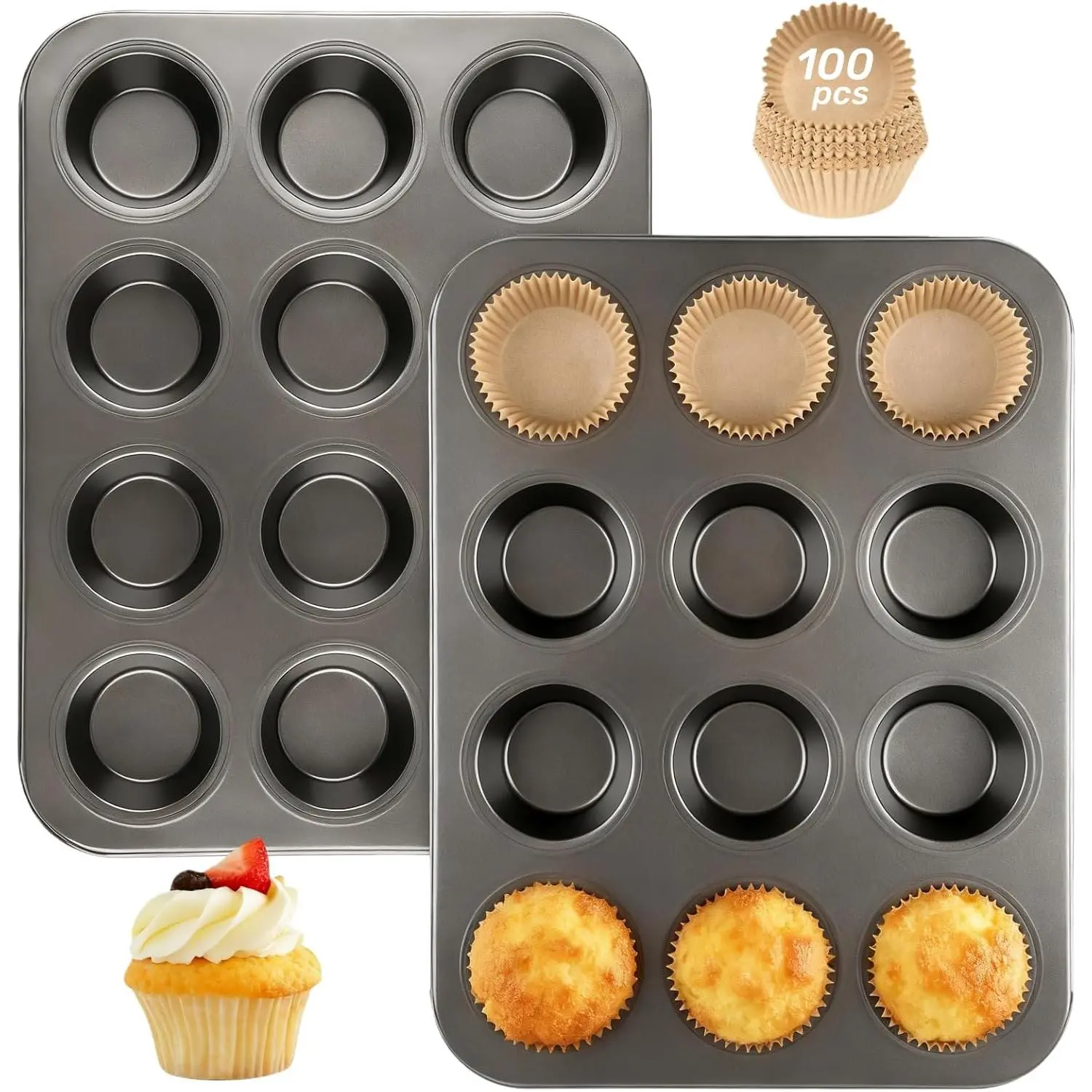 Heavy Duty Stackable Kitchen Baking Set - 2-Pack 12-Cup Nonstick Carbon Steel Muffin Pan with 100 Cupcake Liners for Bake Needs