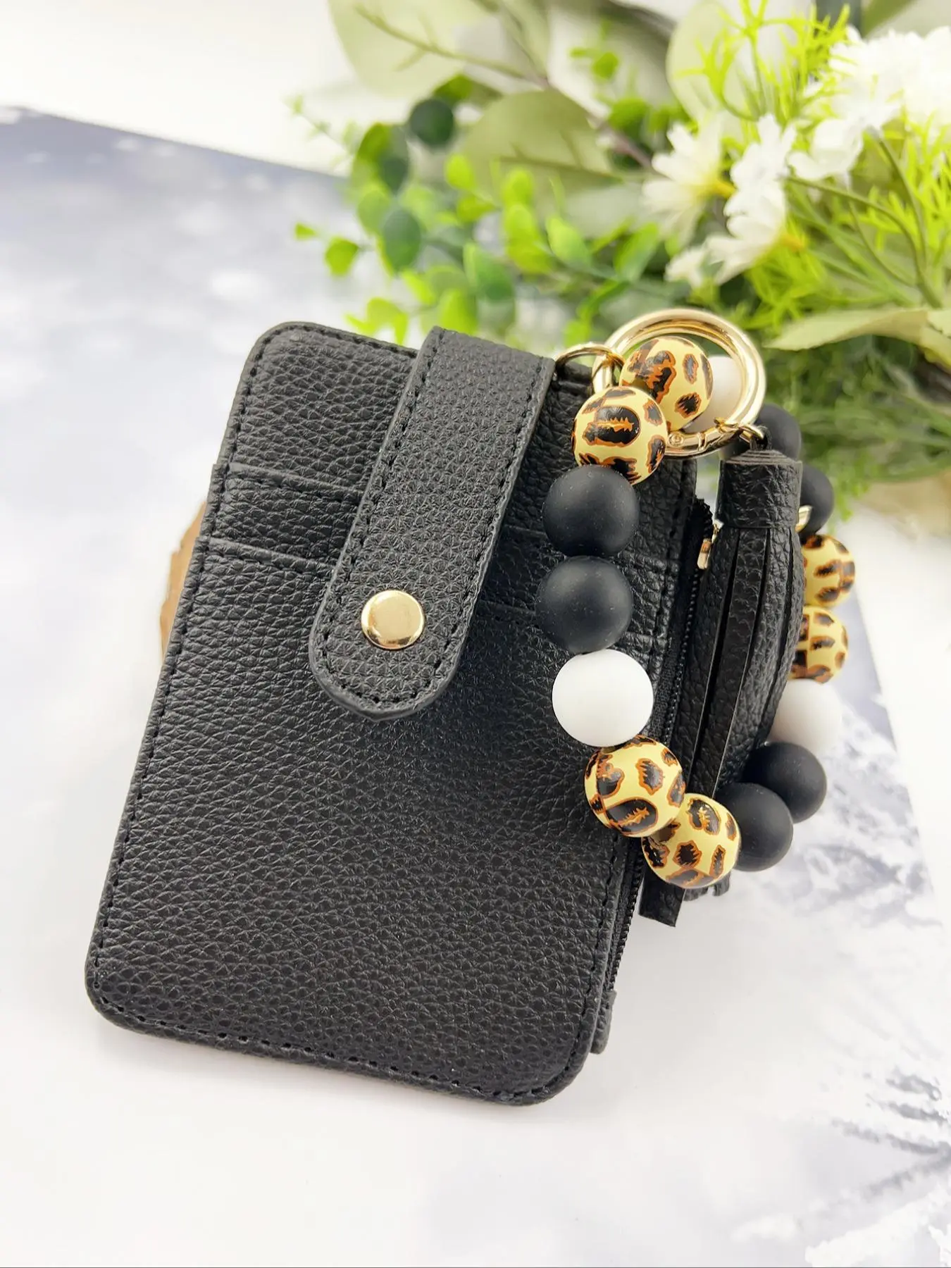 Women's Cute Leopard Pattern Beaded Keychain & Wallet, Trendy Casual Card Holder & Keychain Set, Chic Versatile Keychain for Mom & Friends, Gifts for Women