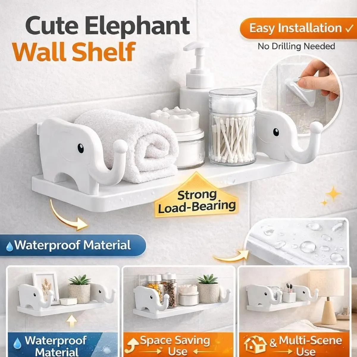 Cute Elephant Wall Mount Organizer, No Drilling, Waterproof Adhesive, Durable Shower Organizer, Storage Solution for Bathroom and Kitchen, 1-Layer Sticky Hook