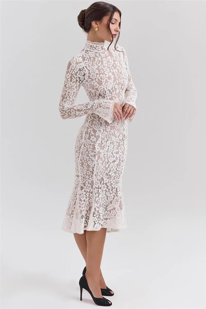 Lace Long Sleeve Sexy Midi Dress For Women Elegant White Half High Collar  High Waist Bodycon Club Party Sexy Long Dress - TikTok Shop