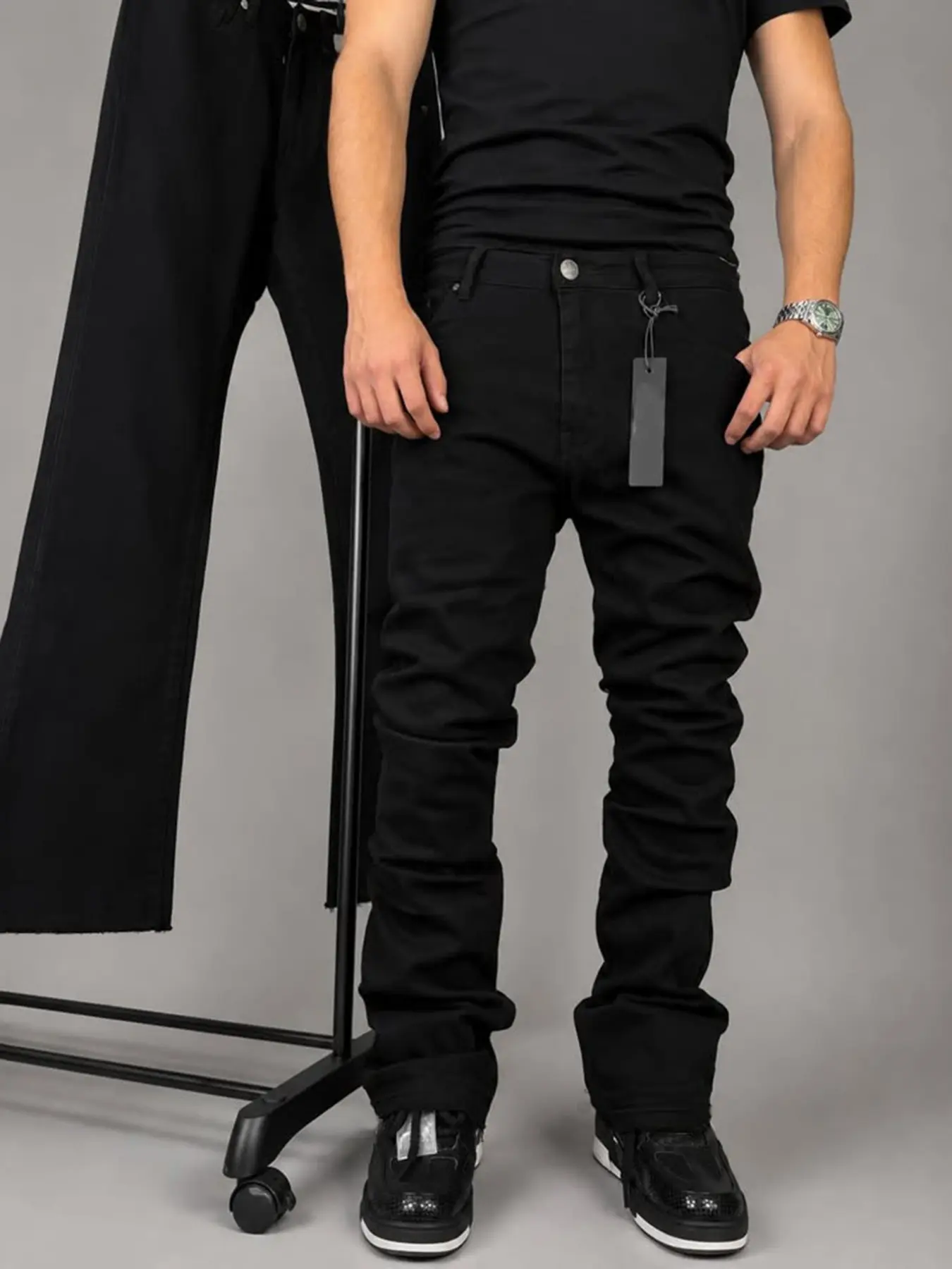 Men's Slim Fit Denim Jeans, Solid Color Casual Business Long Pants, Elastic Straight Leg, Soft Cotton, Streetwear Fashion, Pockets, All Seasons