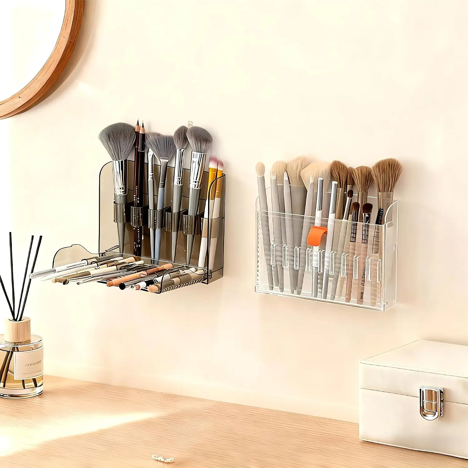 Wall-Mounted Makeup Organizers, 16-Slot Eyeliner Lip Liner Organizer Holder, Open Easy-Access Design, Space-Saving Bathroom Makeup Brush Storage Rack, Transparent Brown