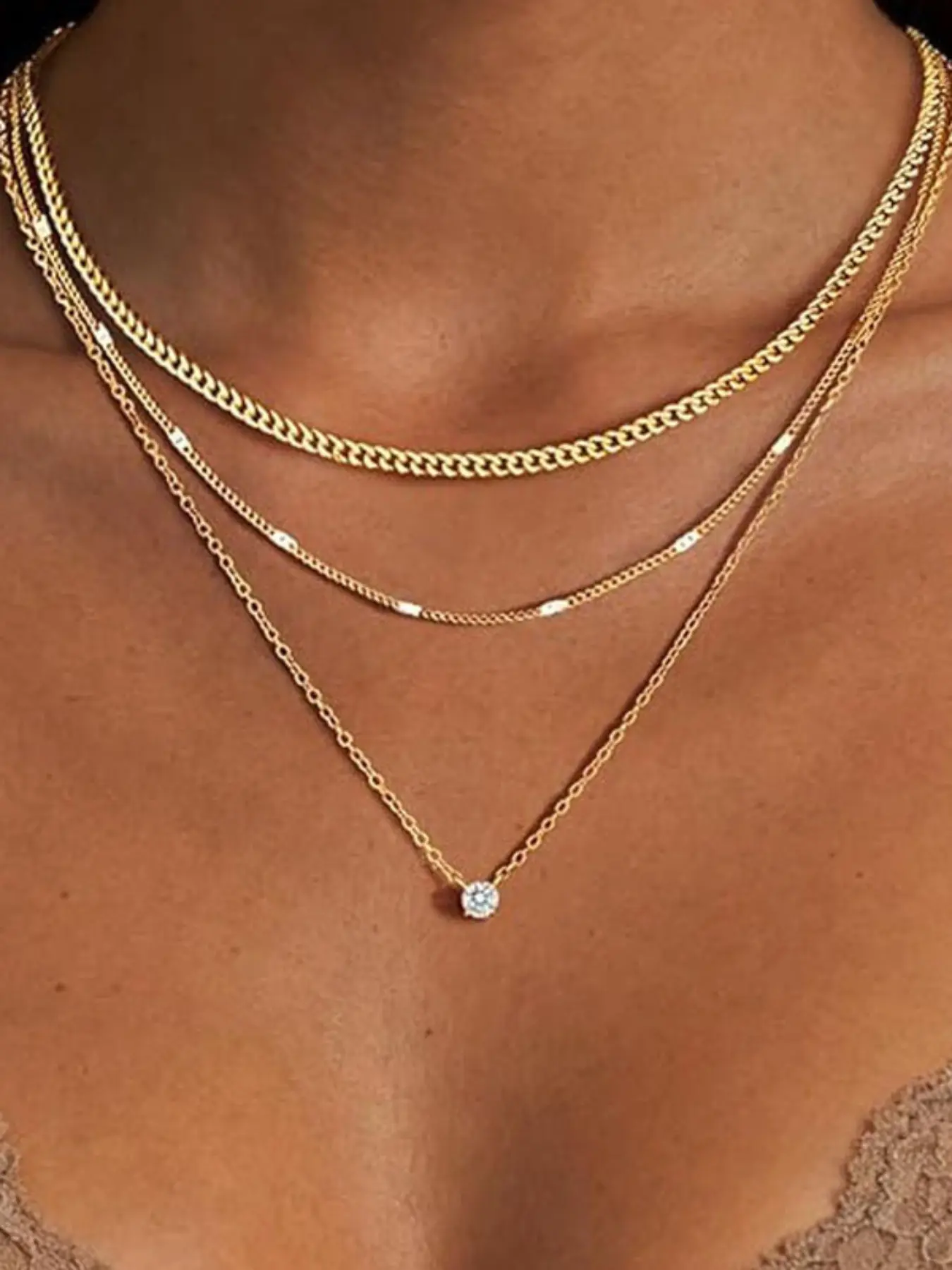 Women's Layered Necklace Set, Elegant Pendant Necklaces, Fade-Resistant, Thick Chain Cuban Link, Fashion Birthday Gift