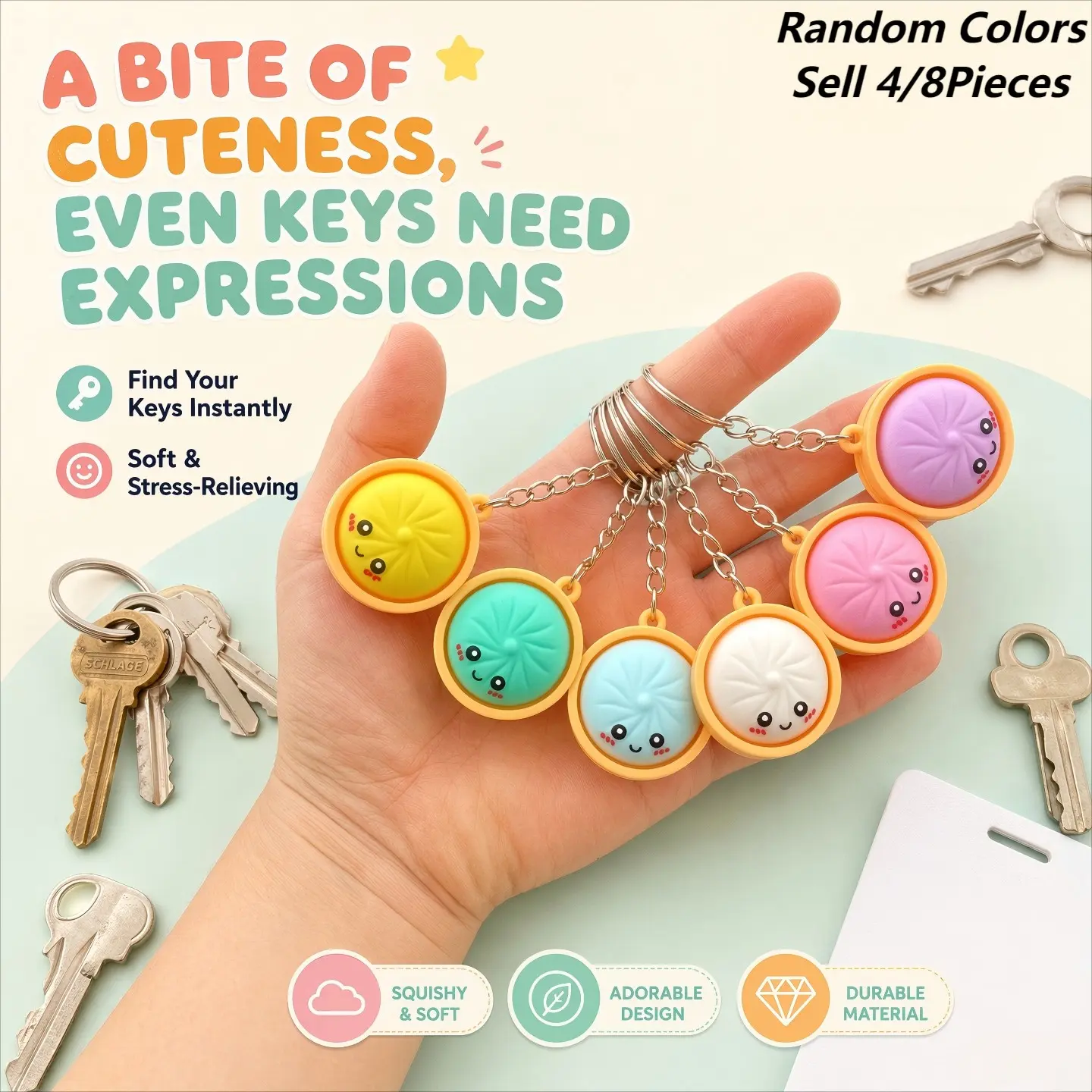 Cute Kawaii Dumpling Keychain with Mini Steamer Tray Design, Multicolor Smiley Face Silicone Food Pendant, Novelty Simulation Pastry Bag Charm, Funny Small Gift for Girls Teens & Key Accessory, Key Charms, Keychain Decor
