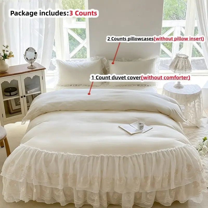 3pcs Lace Bedding Set, Polyester Bed Set, Comfy Bed Sets, Includes 1 Duvet Cover + 2 Pillowcases, without comforter and pillow insert,Single Twin Double Queen KingSize