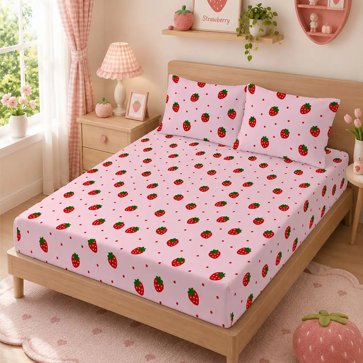 Three-piece refreshing pink strawberry polka dot printed bedding set (1 sheet + 2 pillowcases, filling not included), featuring a girly strawberry polka dot print, made of polyester stretch fabric, suitable for modern bedrooms and dorm room decor.