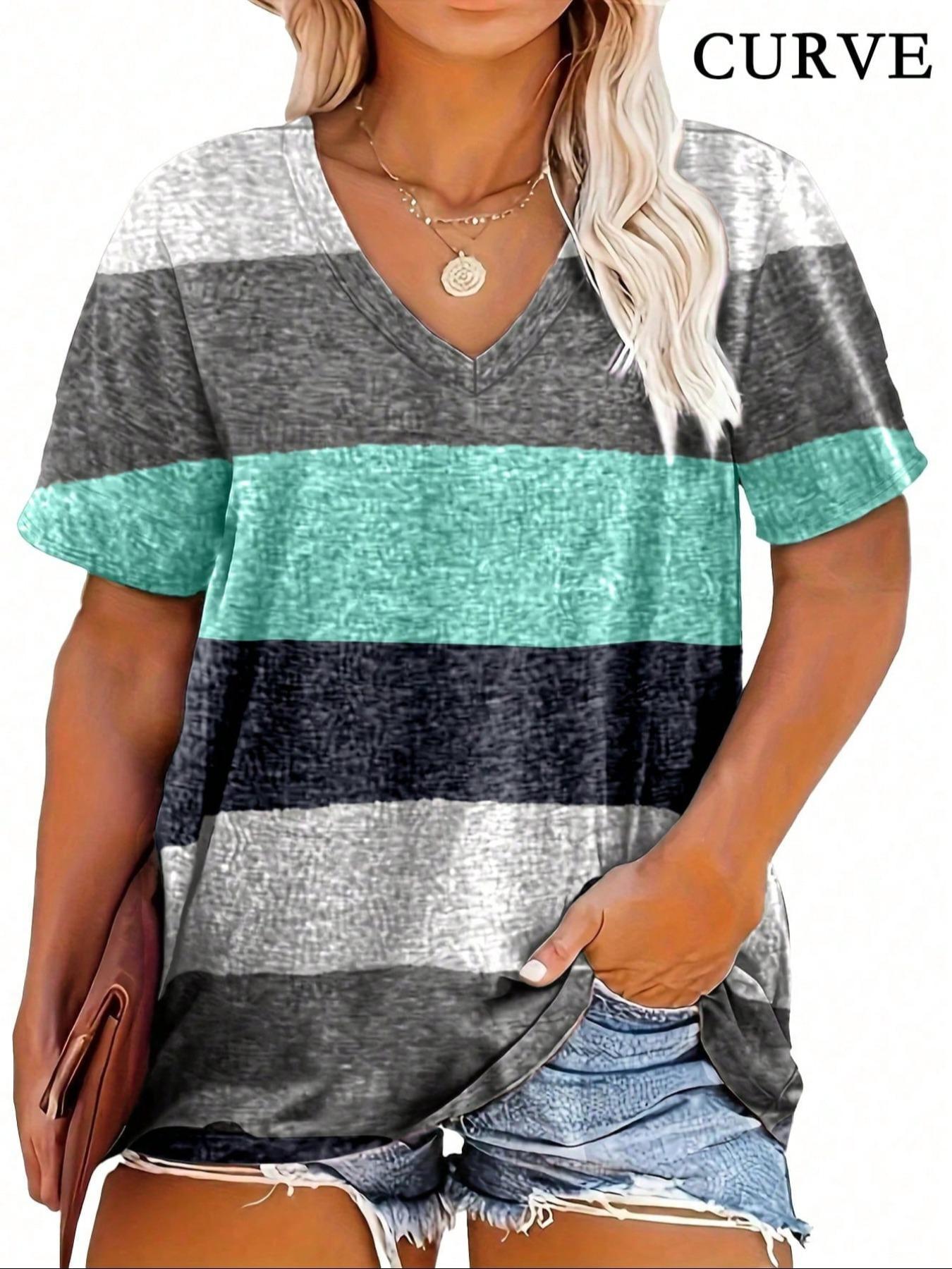 Plus Size Colorful Patchwork Print V Neck Lady Tee, Plus Casual Style Stretchy Fitted Short Sleeve T-Shirt for Summer, Summer Outfits 2024, Women's Plus Clothing for Daily Wear, Everyday, Womenswear