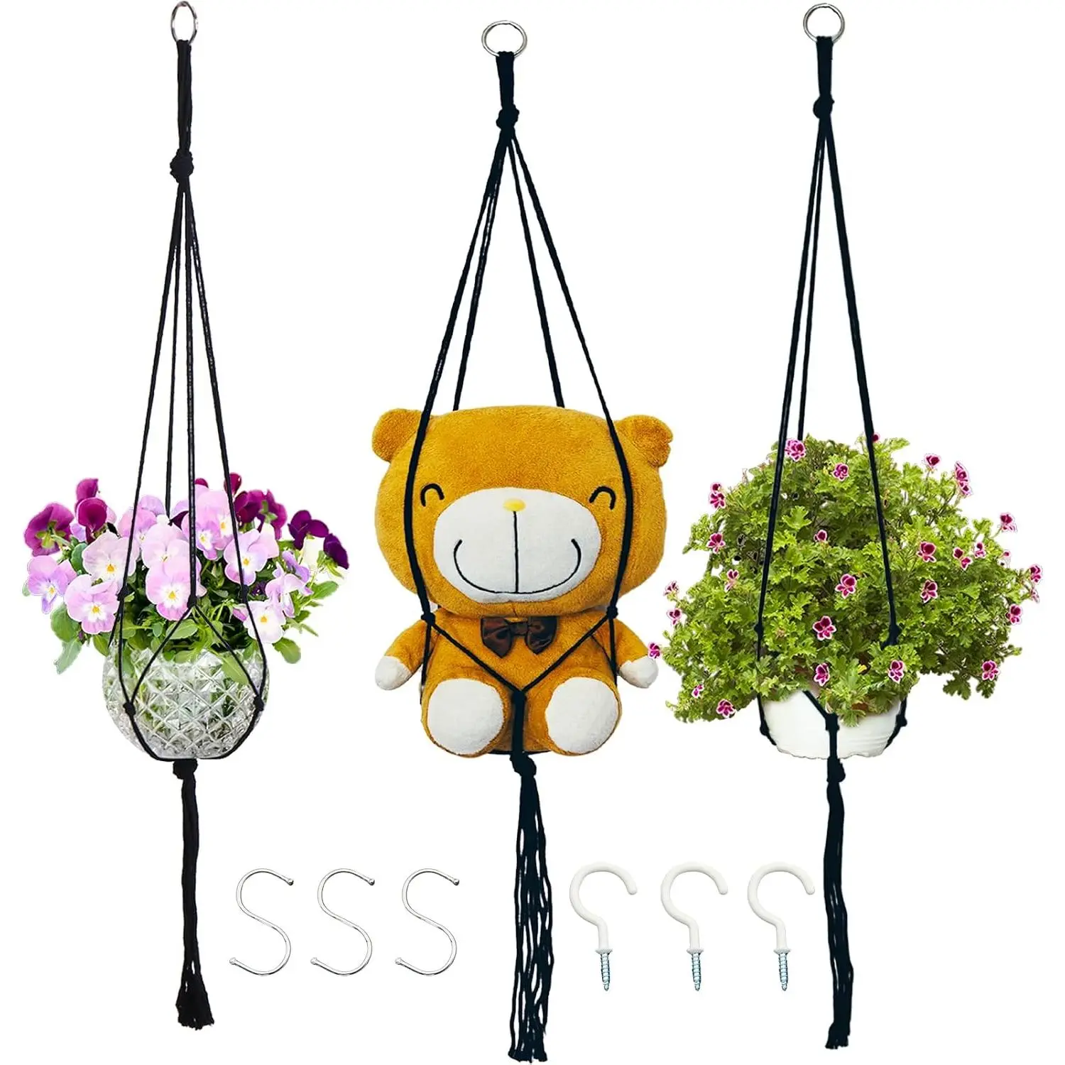 Macrame  Hangers Planter Flower Pots Holder 3 Pack Basket Stand Tassels with 6 Hooks Kit  Rope for Decorative Indoor Outdoor Patio Garden Boho  Décor (POTS NOT Included) (BLACK)