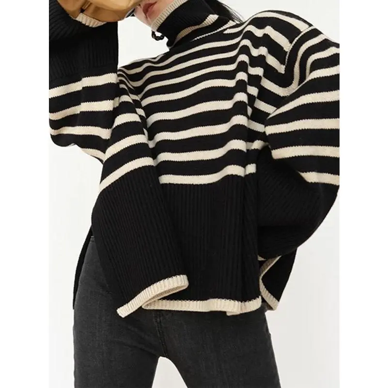 High‑Neck Long‑Sleeve Contrast‑Color Striped Sweater Tops, Loose‑Fit Side Slit Split‑Hem Ribbed Cuff Design Casual Oversized Pullover Tops For Women