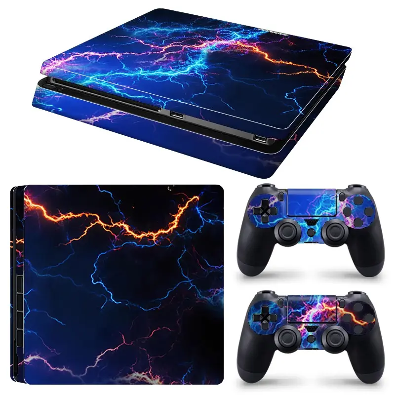 Blue Orange Colorful Lightning Abstract Art Vinyl Skin Cover for PS4 Slim Console and Wireless Controllers, Waterproof, Scratch-Proof & Long Lasting, Removable Without Residue Game Console Decor Sticker