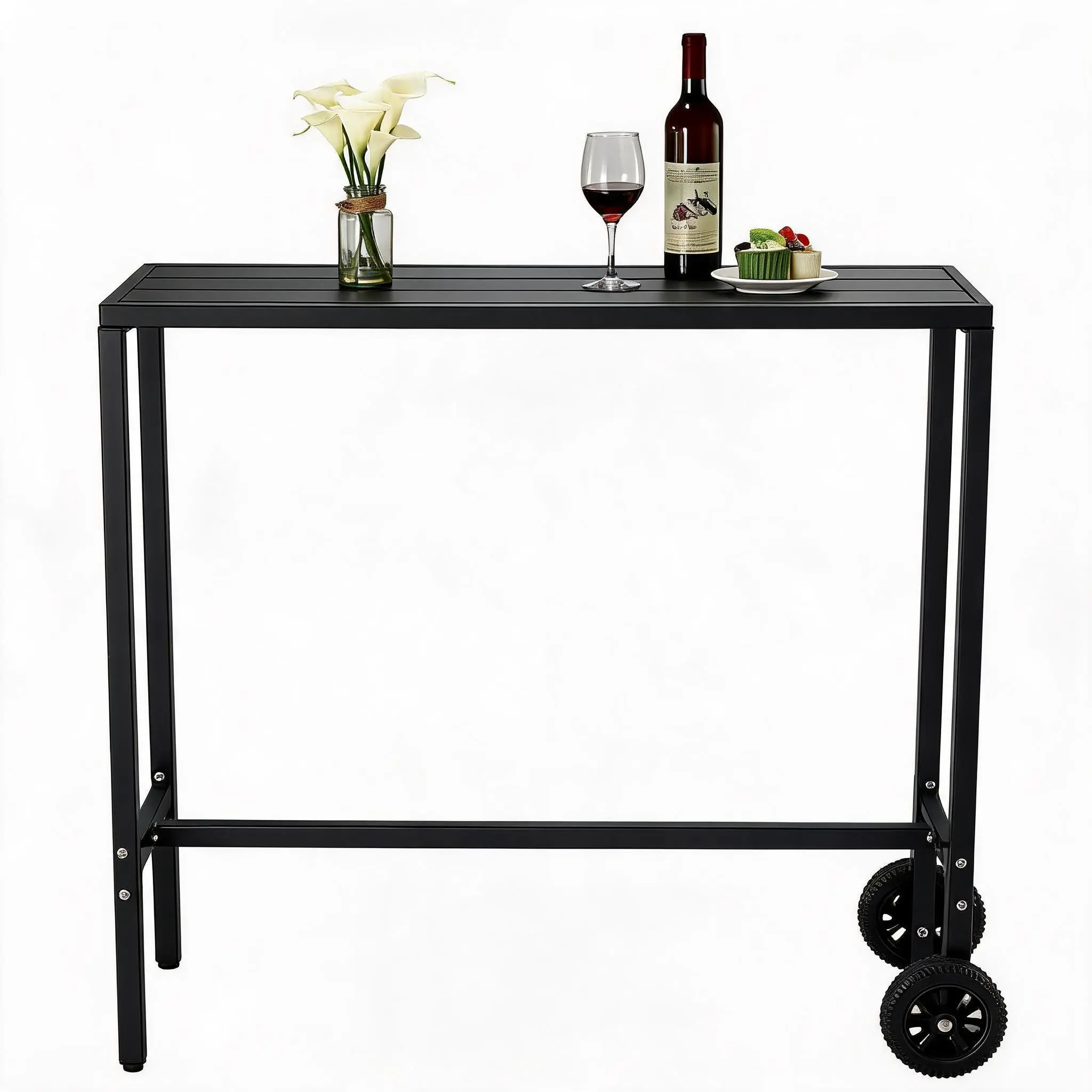 Black Portable Weatherproof Steel Patio Bar Table with Wheels - Counter Height, Adjustable Leveling Legs - Rolling Pub Table for Outdoor, Balcony Use