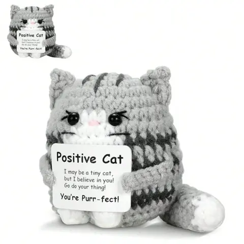 Positive Crochet Cat Mini Animal Cheer Up Support Gifts, Funny Crochet Mini Handmade Cat for Women Men Friends Family, Plush Duck Shark Penguin Decorative Ornaments, Birthday Christmas Decor Graduation Gifts, Crochet Figure, Animal Merch