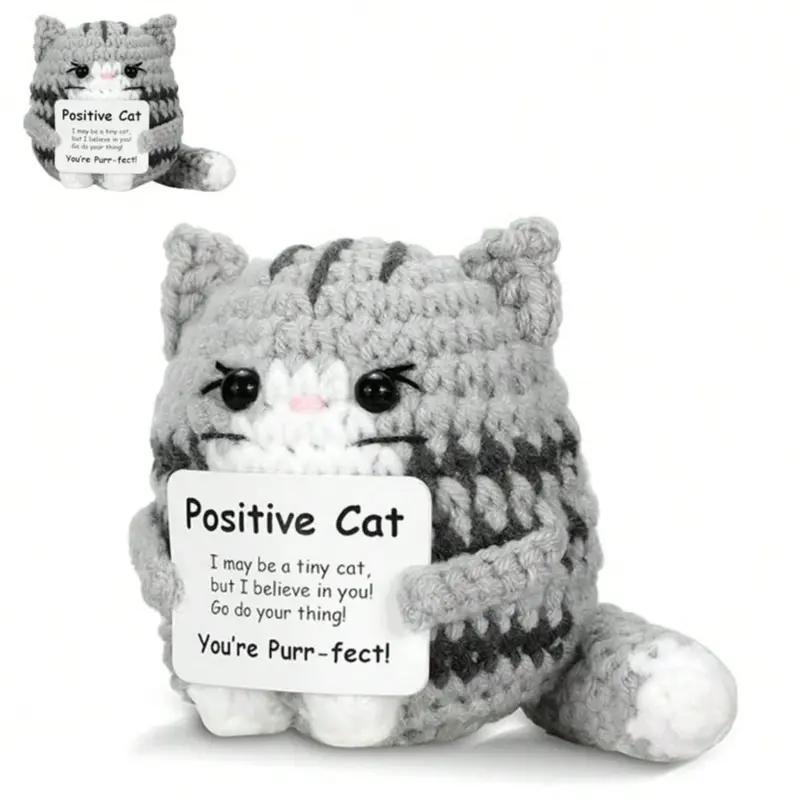 Positive Crochet Cat Mini Animal Cheer Up Support Gifts, Funny Crochet Mini Handmade Cat for Women Men Friends Family, Plush Duck Shark Penguin Decorative Ornaments, Birthday Christmas Decor Graduation Gifts, Crochet Figure, Animal Merch