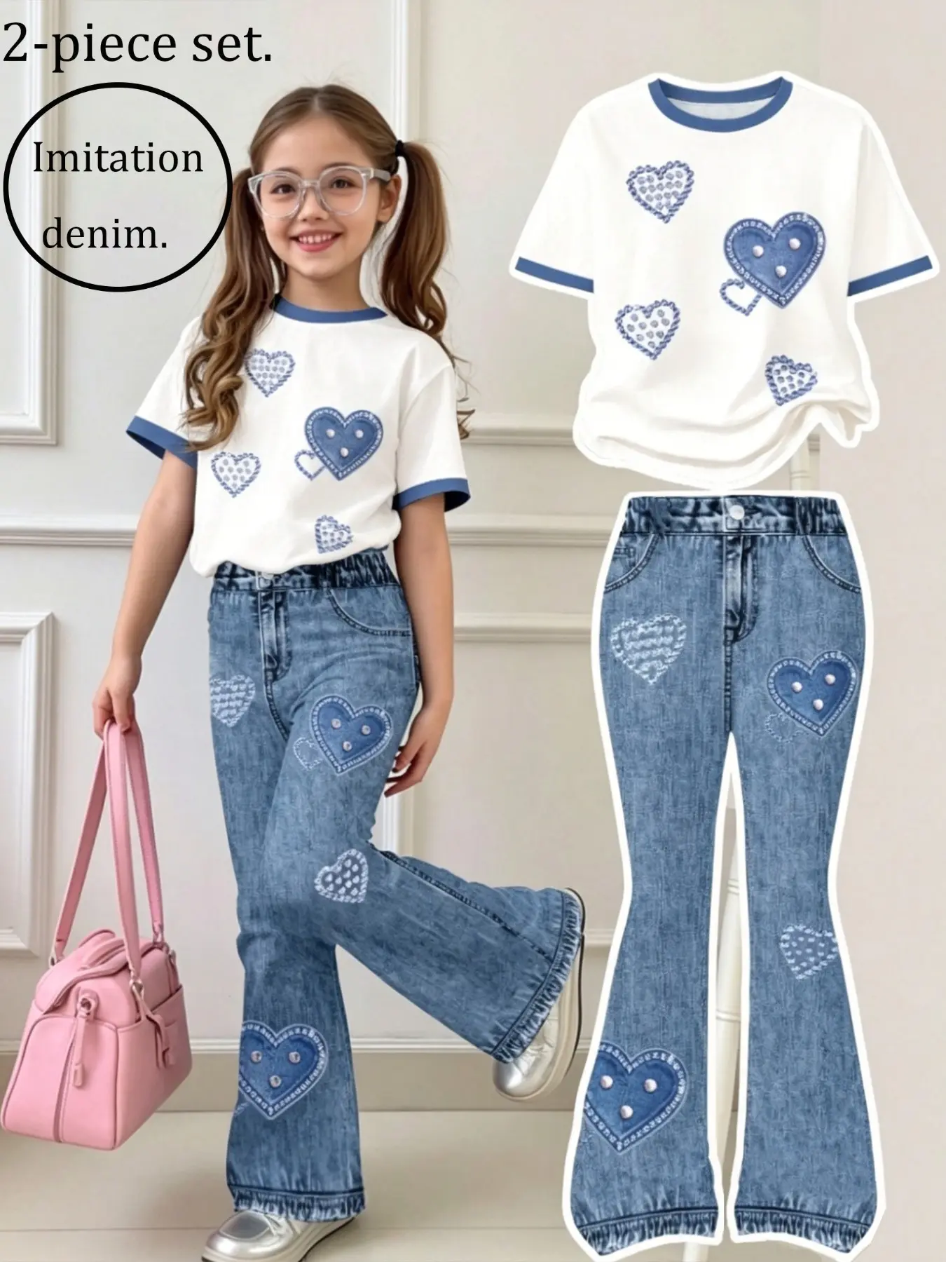 Girls Heart Print Two-Piece Set, Matching Outfits Set, Summer Outfits Set, Colorblock Hem Short Sleeve T-Shirt + Denim Bell Bottoms, Sweet Casual Kids Clothes, Ages 4-12