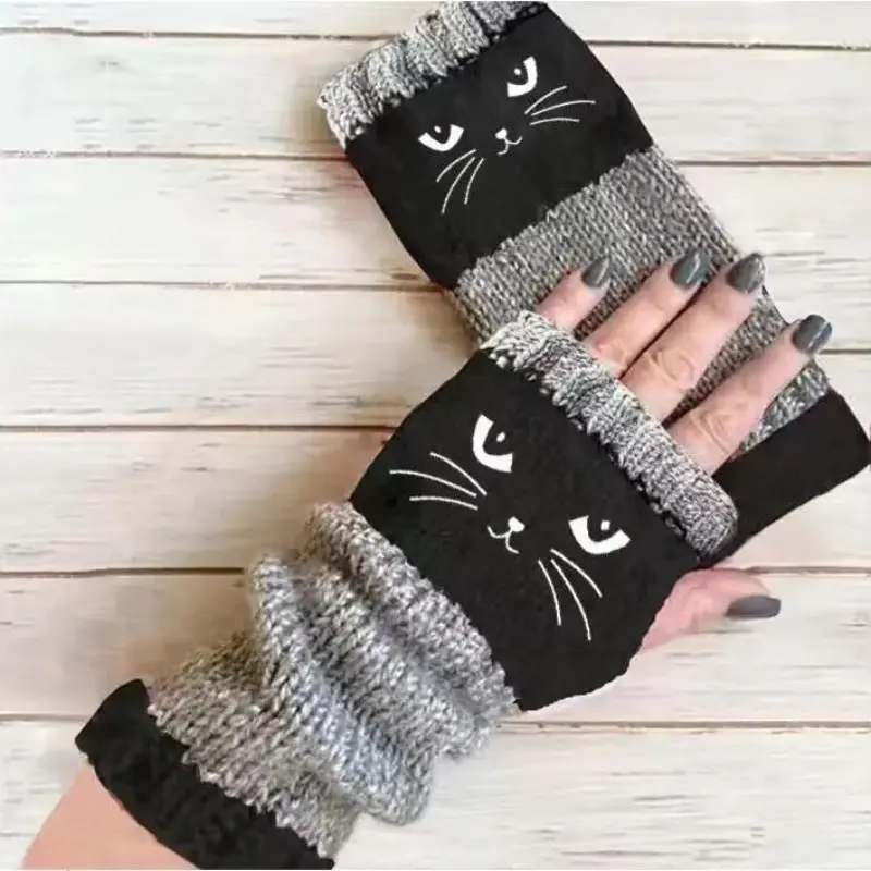 Women's Knit Fingerless Gloves with Embroidered Cat Design, Warm Flexible Winter Knit Gloves, Soft Casual Fashion Hand Warmers for Daily Work Typing Outdoor Wear