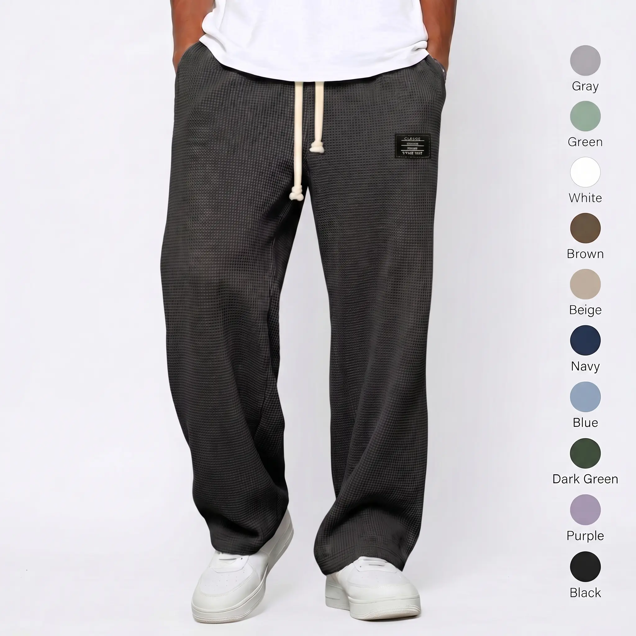 Men's Waffle Knit Straight Leg Sweatpants - Loose Fit Ankle Length, Drawstring Waist, Pockets, Knit Fabric, Machine Washable for Gym, Daily Wear, All Seasons Comfortwear (Dark Brown, Dark Khaki), Dark Khaki Cloth Color