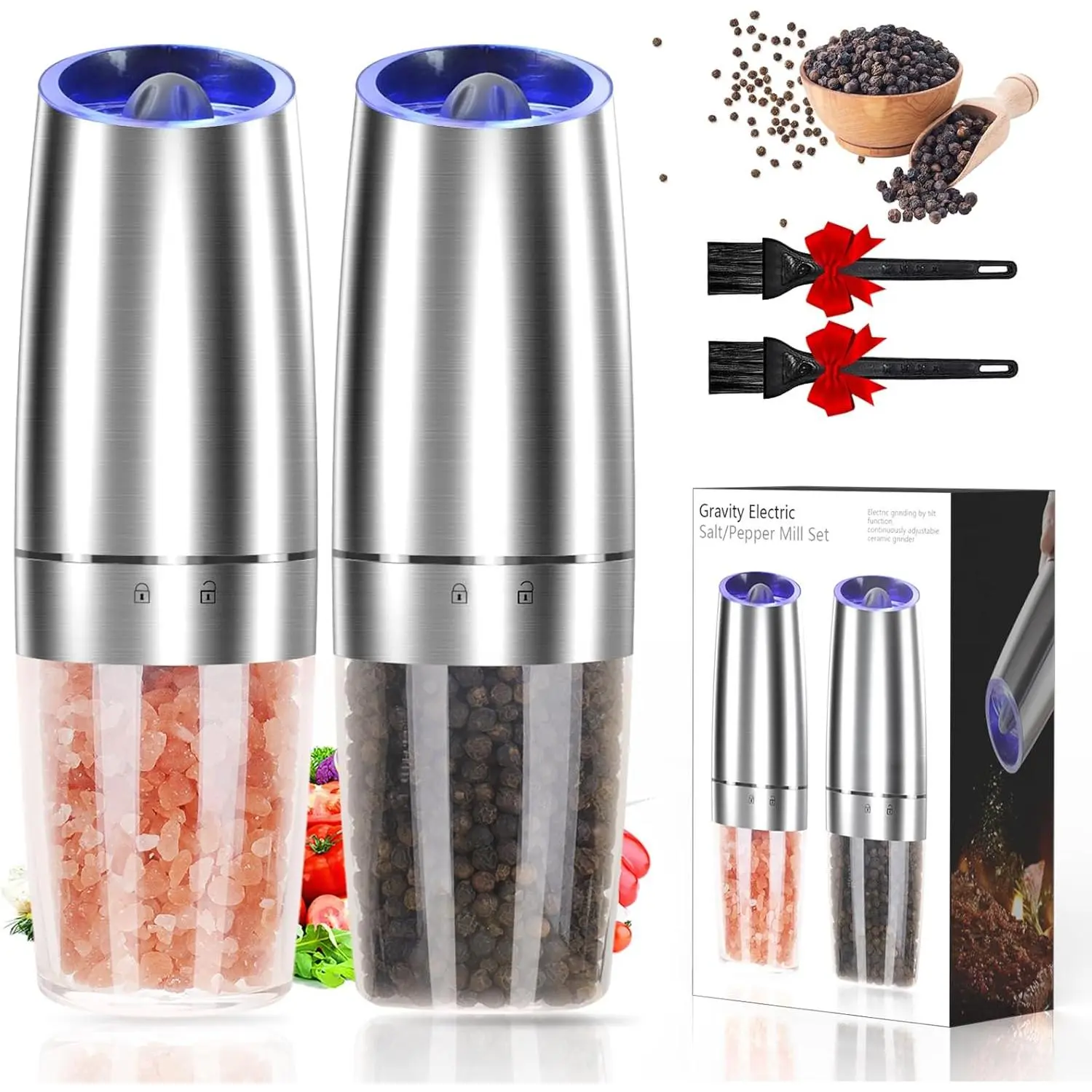 Gravity Electric Salt and Pepper  Set, Adjustable Coarseness, Automatic Shakers Mill  with LED Light, Upgraded Larger Capacity,  Hand Operated (Sliver 2 Pack)