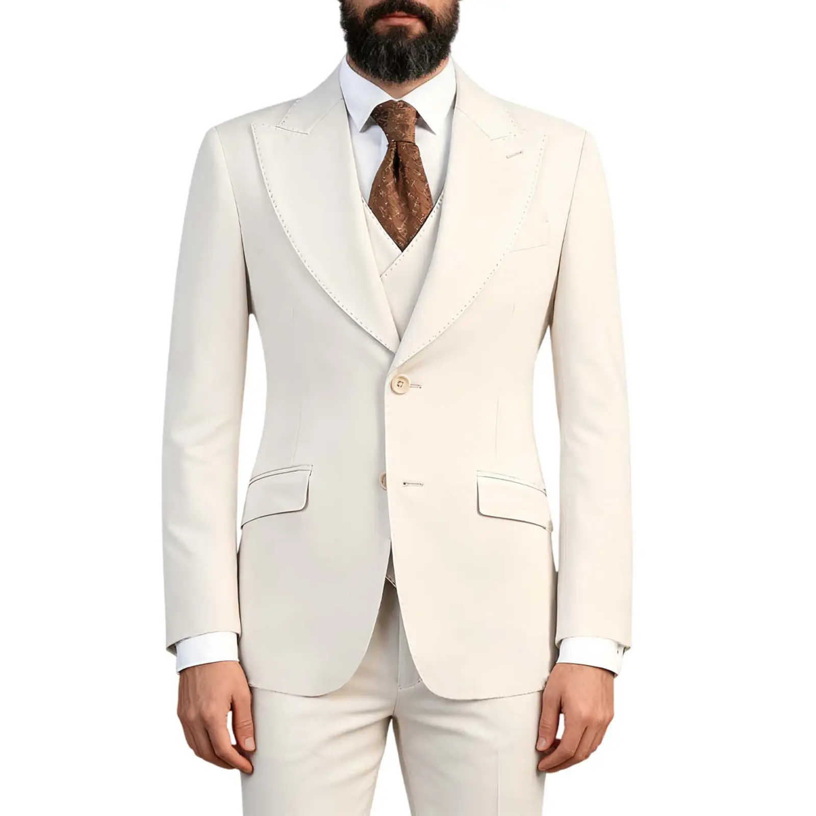 Men's Minimalist Slim Fit 3-Piece Solid Light Ivory Suit - Long Sleeve Jacket, Waistcoat, Trousers with Tie for Formal Wedding, Business Menswear Prom Outfit, Matching
