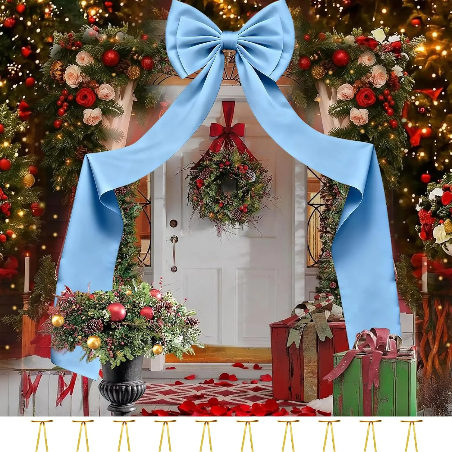 Giant Bow Decoration 75x18 Inch, Big Bow for Backdrop with 10 count Satin Ribbon Bows, Large Satin Decorative Bows for Wedding Birthday Party  Shower Room Supplies(Blue)