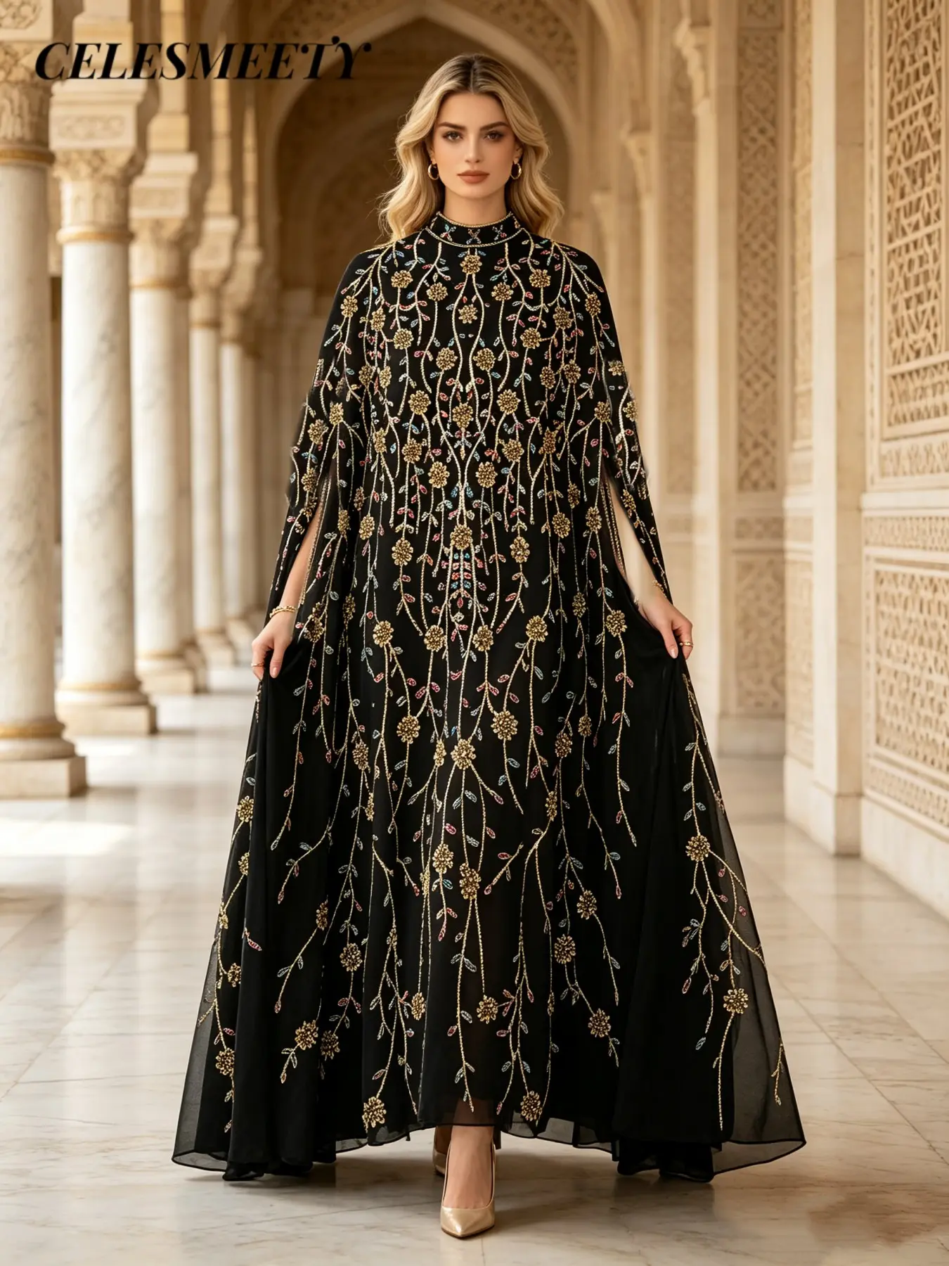 Celesmeety Elegant Sequin Embroidered Muslim Robe, Long Sleeveless Pullover, Perfect for Weddings & Daily Wear, No Lining, Muslim Outfits