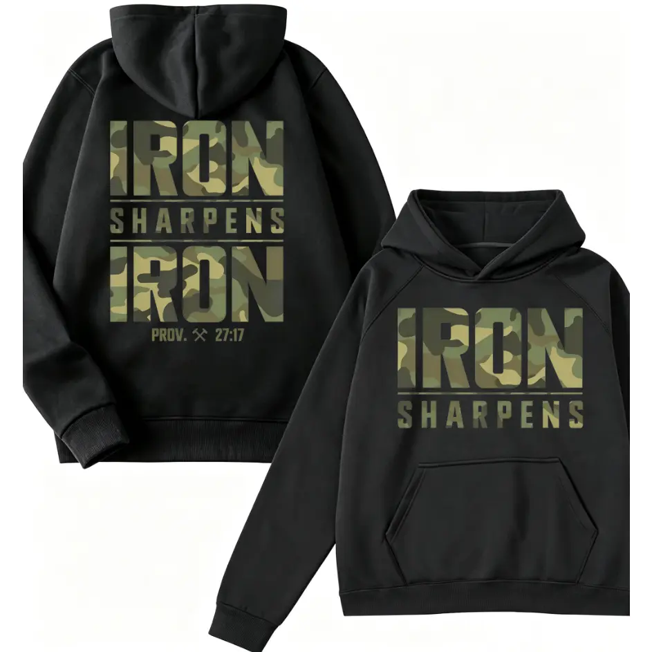 Iron Sharpens Iron Camo Graphic Hoodie, Proverbs 27:17 Bible Verse Camouflage Pullover Hooded Sweatshirt Unisex
