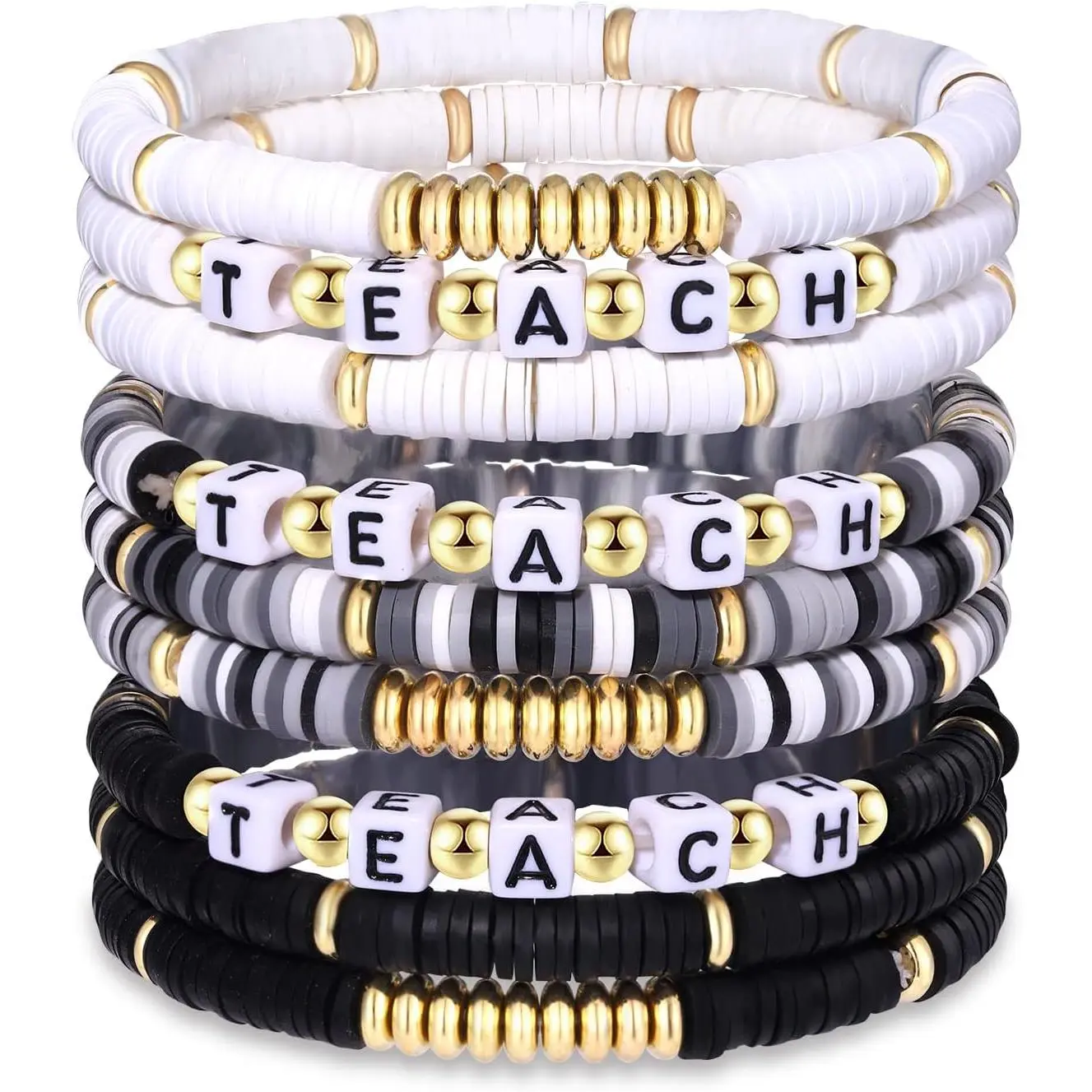 9 Pack Heishi Teacher Bracelets Stackable Rainbow Heishi Teach Beaded Stretchy Bracelet Preppy   to School Teacher Appreciation Gifts