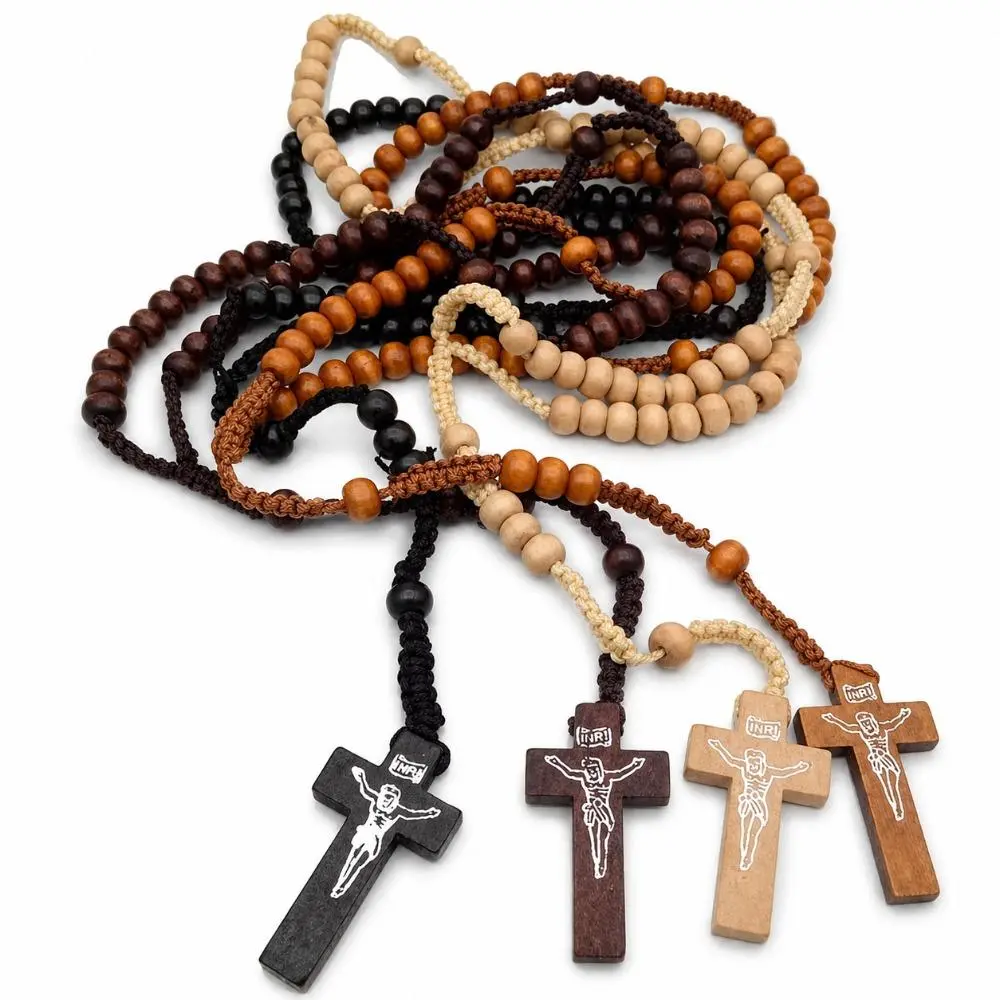 Wooden Rosary Beads Cross Necklace - Handmade Catholic Faith Beaded Pendant, Spiritual Item for Women, Cross Necklaces, Faith Necklace