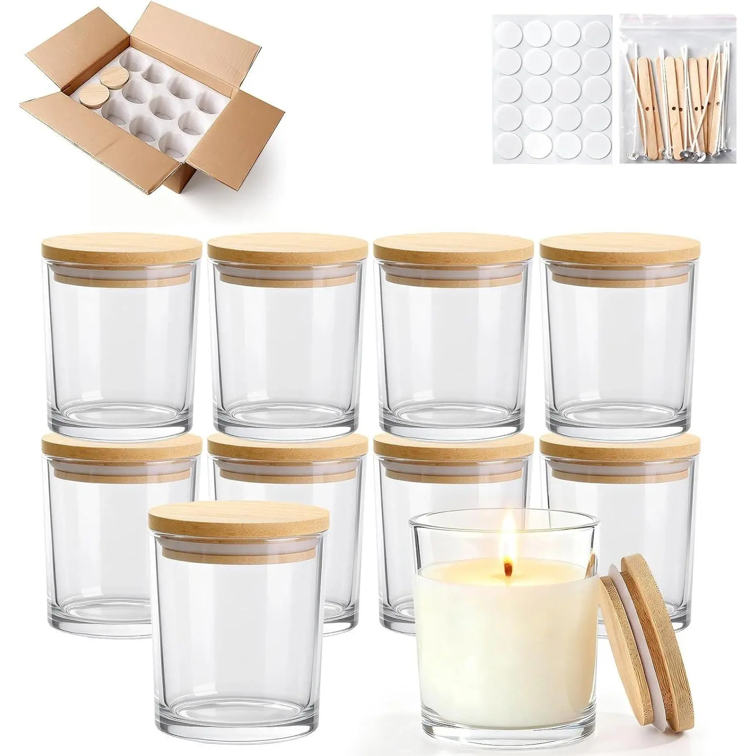 10oz Glass Candle Jars, 12-Pack Candles Jars for Making Candles, Empty Thick Glass Wide-Mouth Jars with Bamboo Lids & Wick Kits, Candle Containers Bulk - Clear
