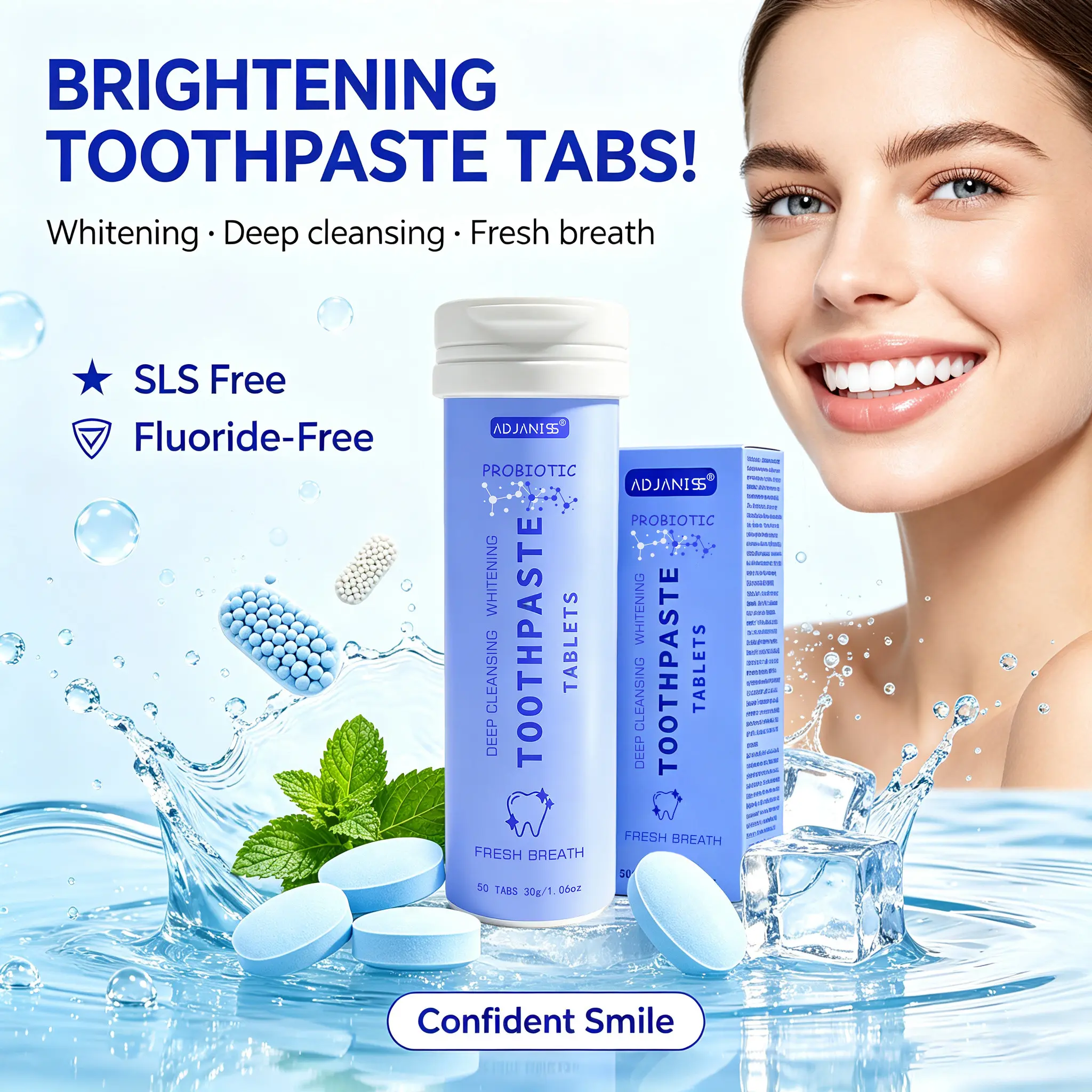 Adjaniss Probiotic Toothpaste Tablets, Travel Size, Easy to Carry, 50 Pieces/30g, Solid Form, Anti-Cavity Oral Care Benefits, Mouth Care, Teeth Cleaner