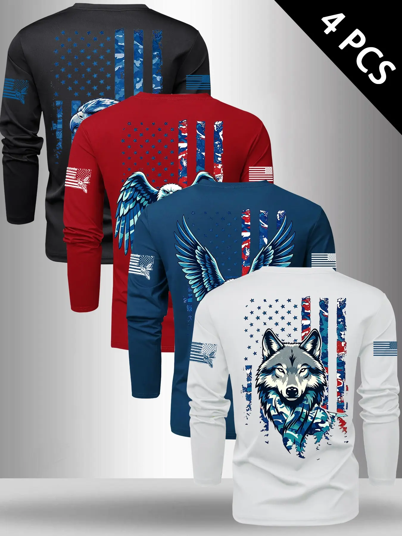 4 Pack Men Crew Neck Long Sleeve Tees Vintage Distressed Camo USA Flag Bald Eagle Wolf Animal Back Sleeve Dual Graphic Print Loose Fit Patriotic Hunting Outdoor Streetwear Tops For Holiday Daily Casual Outfit#trendingtees #viraloutfits