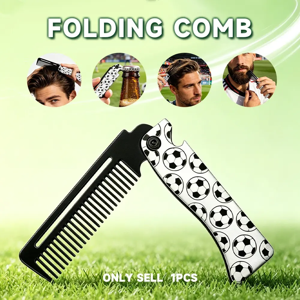 Football Print Men's Portable Folding Hair Comb, Two-In-One Multi-Function Bottle Opener, Travel Pocket Brush, Salon Grooming Tool