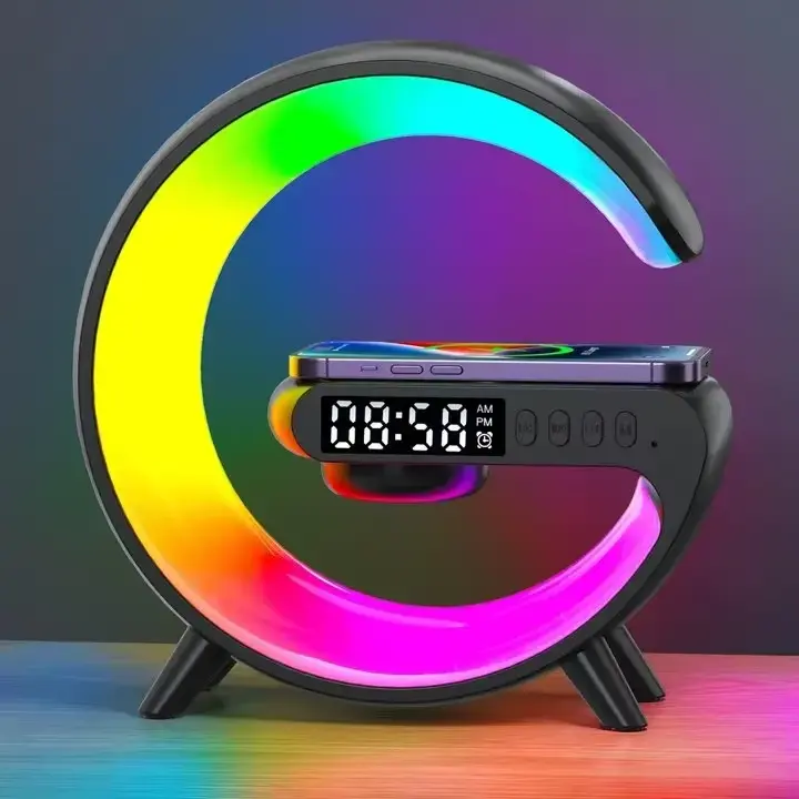 Multifunction Color Changing Luminous RGB Light Bluetooth 5.0 Speaker Alarm Clock with 15W Wireless Charger Stand Pad, ABS Plastic Fast Charging Station for iPhone Samsung Cellphones