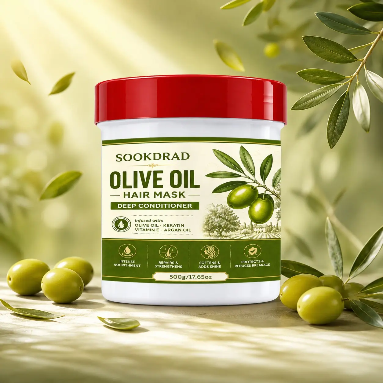 OLIVE OIL HAIR MASK DEEP CONDITIONER, infused with olive oil, keratin, vitamin e, argan oil, intense nourishment, repairs and strengthens, softens and adds shine, protects and reduces breakage, 500g