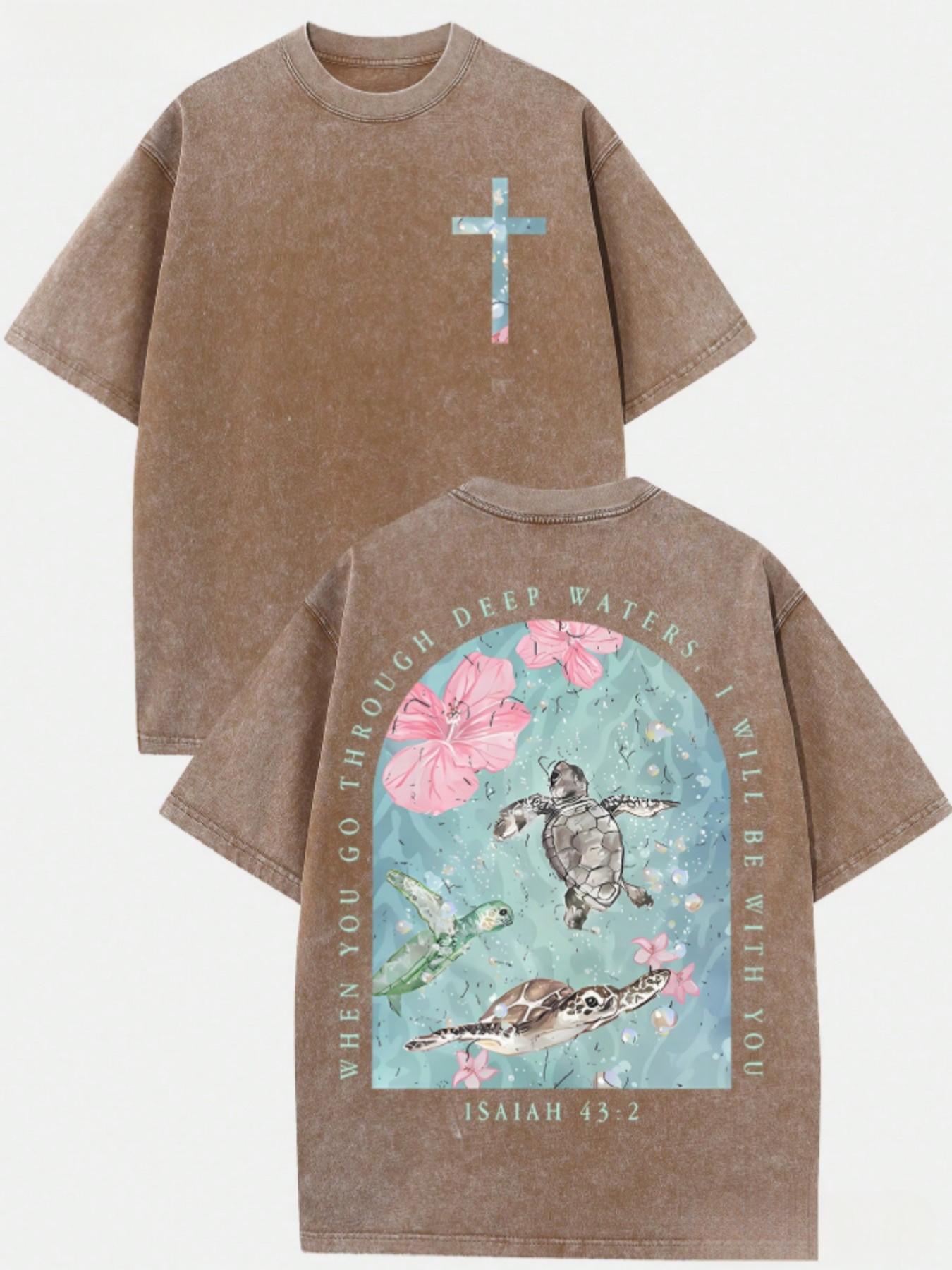 Men's Vintage Washed Pure Cotton T-Shirt - Oversized Streetwear Tee with Sea Turtle & Text Print ("I Will Be with You"), Loose Fit Casual Shirt, Machine Washable Soft Daily Wear