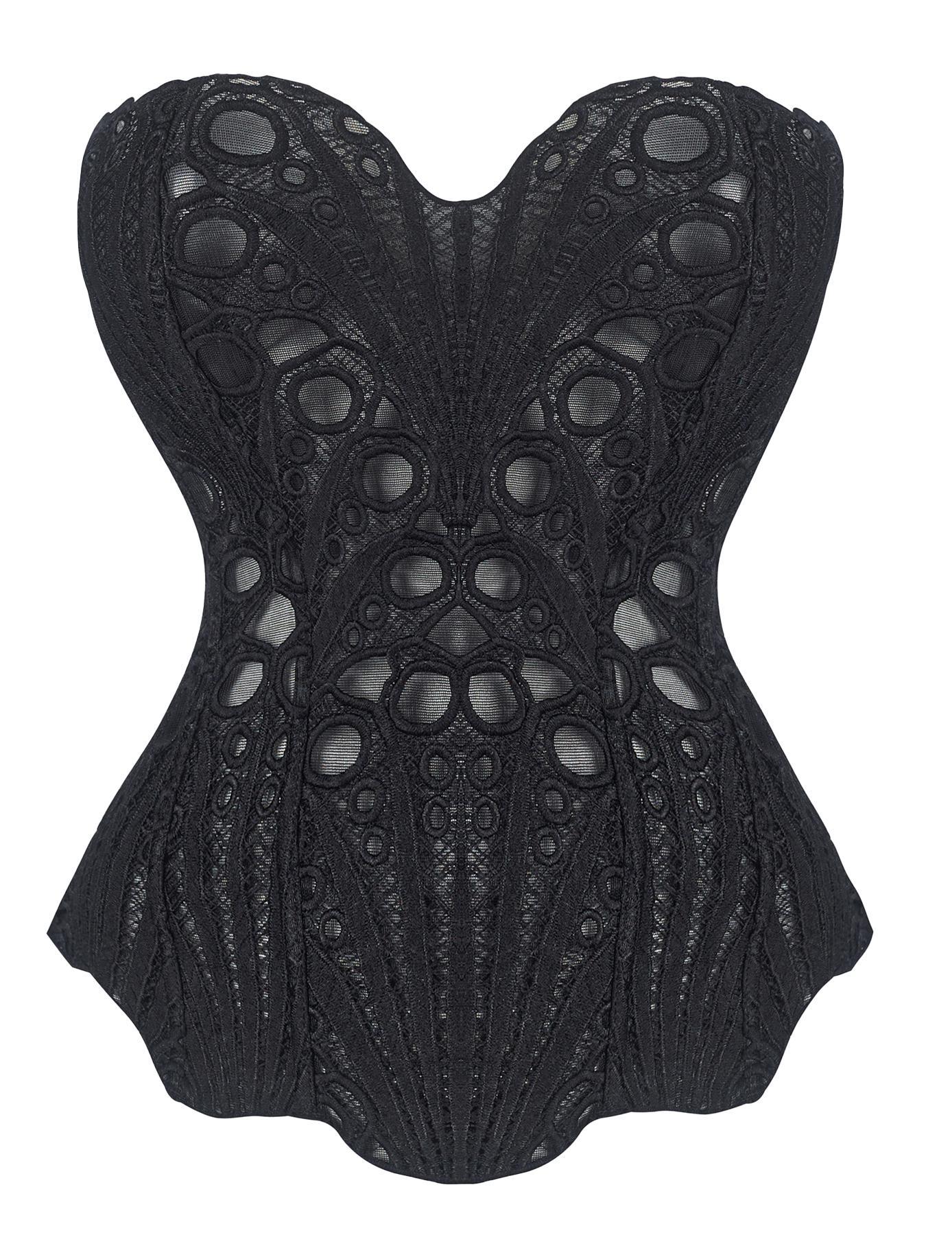 Women's Random Pattern Lace Up Shapewear Tube Top, Elegant Contrast Lace Corset Top, Tummy Control Shapewear Underwear for Women