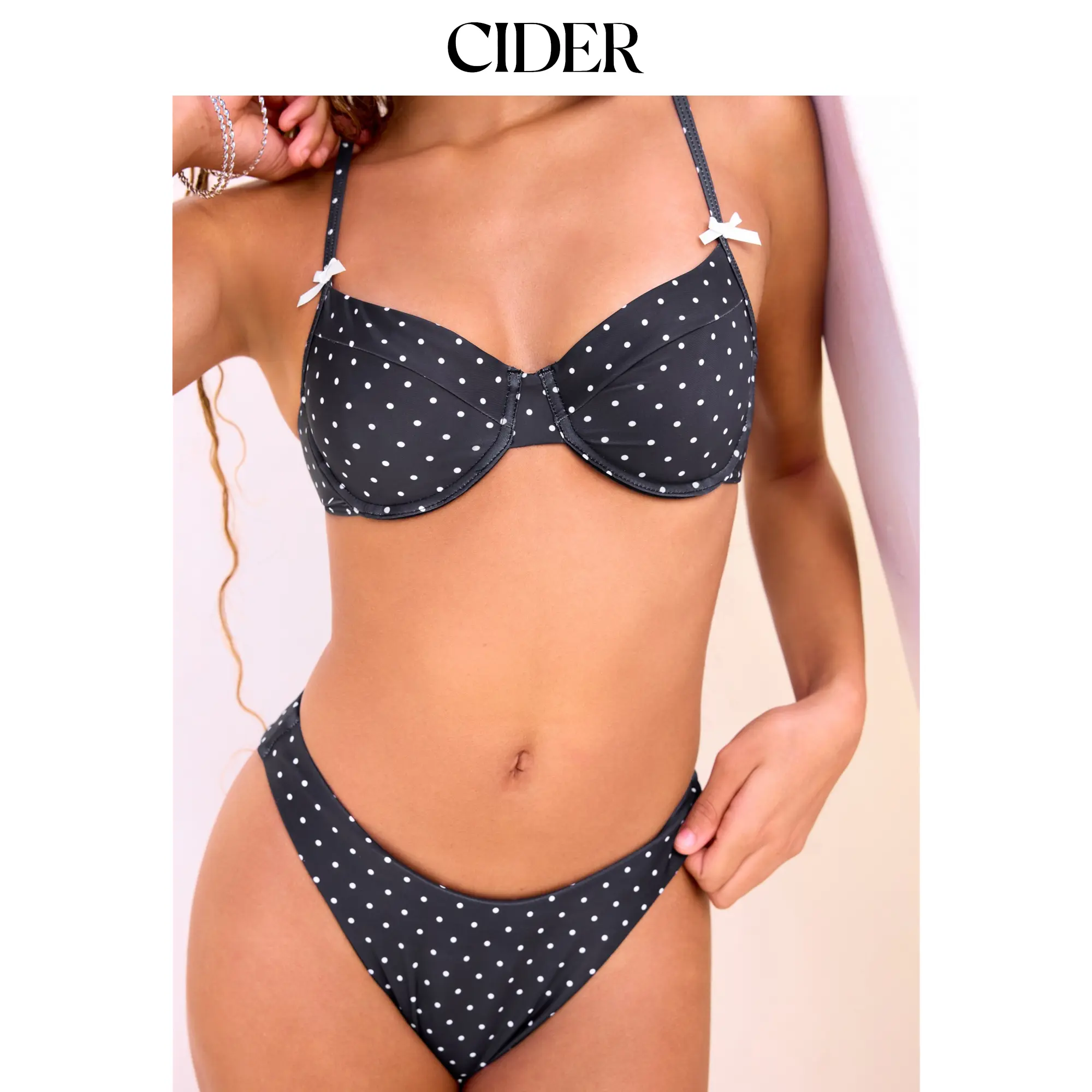 Cider Sweetheart Polka Dot Underwire Cheeky Bikini Set