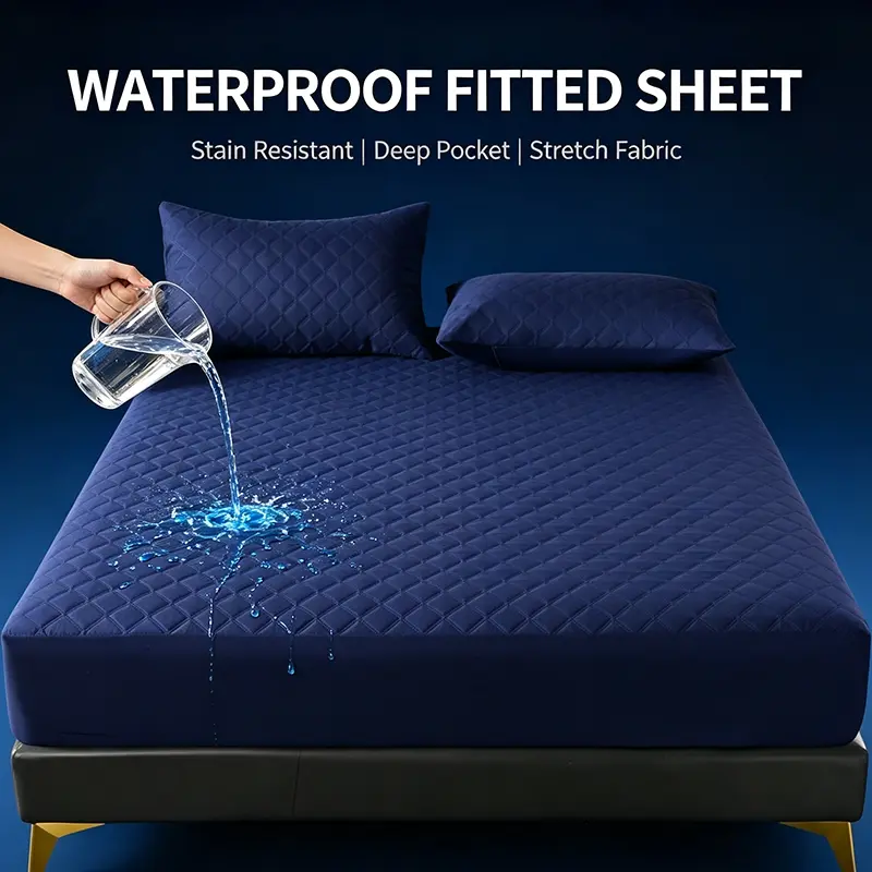 Popular Silent Waterproof Diamond Quilted Bed Fitted Sheet Set, Stretch Deep Pocket Liquid Barrier Mattress Protector, Soft Comfort Fabric Complete Bedding Kit for Family and Kids Bedroom Decor, Secure Fitted Sheets, Protective Sheets
