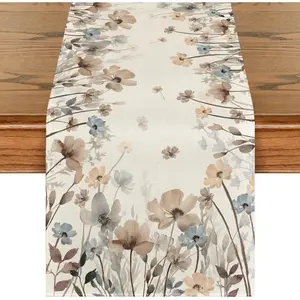 13x72 Inch Vintage Rustic Brown Poppy Table Runner - Wedding, Easter Sunday Home Decor - Summer Fall Kitchen Dining Accent