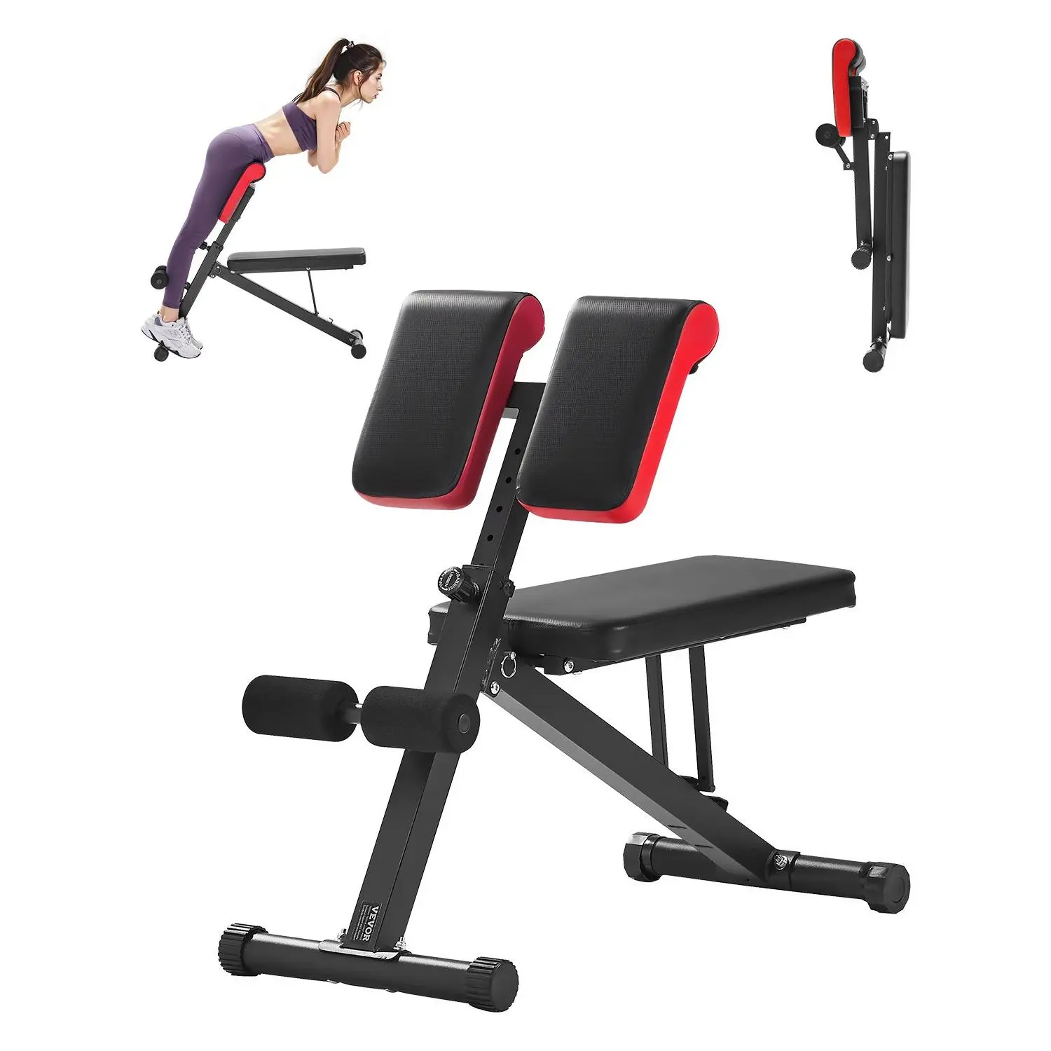 VEVOR Multi-Functional Steel Weight Bench - Home Gym Furniture with Foam Roller, Detachable Back Pad, 330 lbs Capacity, Adjustable Foldable Roman Chair, 11 kg/24 lbs Build, Core & Full Body Workouts, Space-Saving