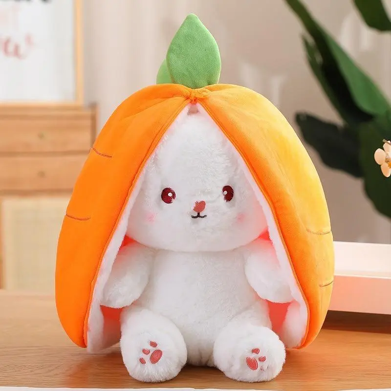 Reversible design—a cute rabbit plush toy shaped like a strawberry or a carrot, made from soft fabric; a unique and thoughtful gift to express your love to your girlfriend for Easter or Valentine's Day, featuring a carrot-shaped outer shell.