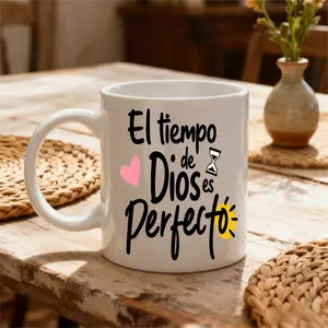 11oz White Mug, Christian Faith Inspirational Style, El Tiempo De Dios Es Perfecto God's Time Is Quote With Heart Hourglass Sun Design, Daily Coffee Tea Drinking Office Home Use, Religious Gift For Believers Church Members Family Friends