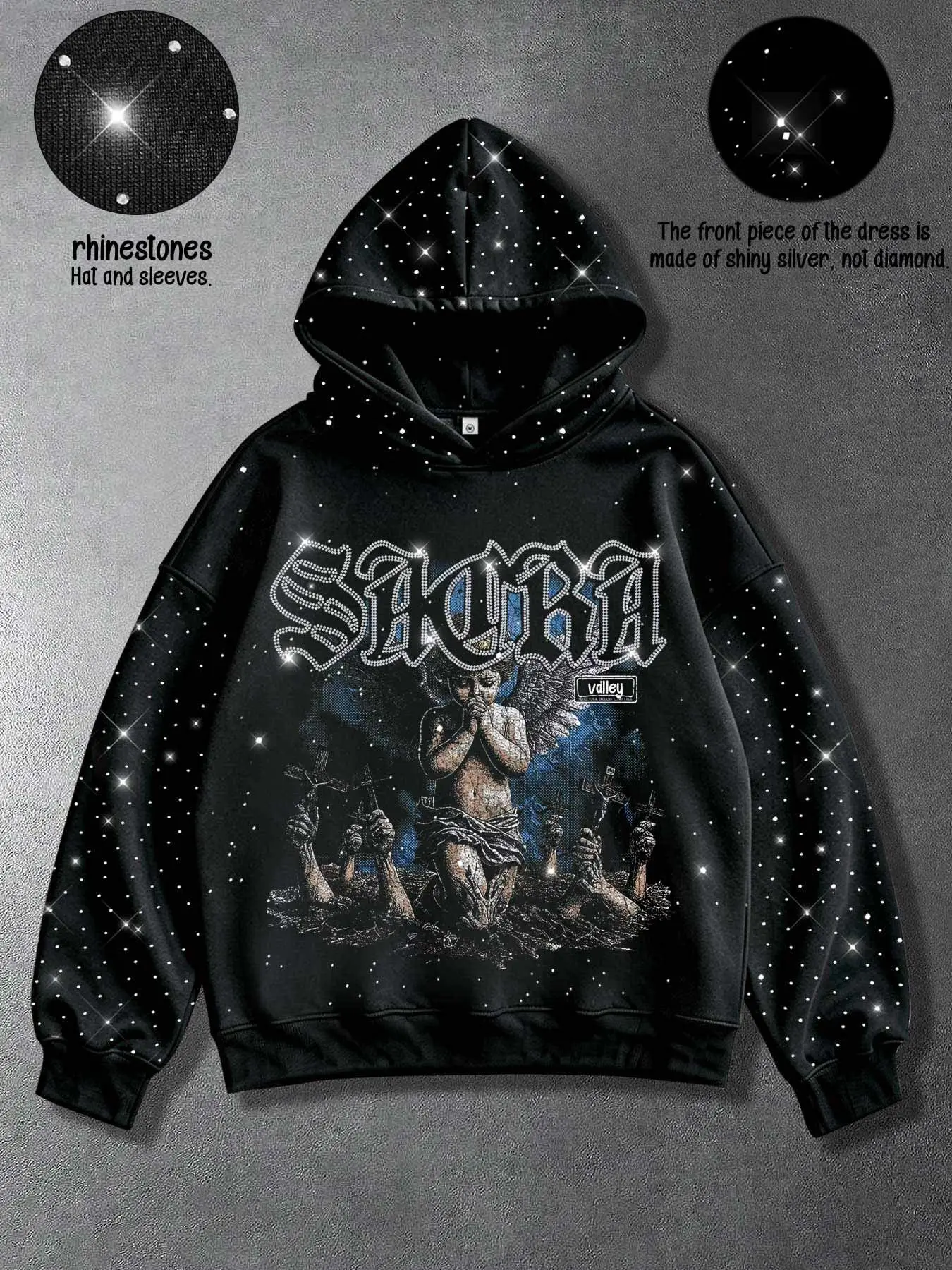 Men's Loose-Fit Hot-Fix Rhinestone Pullover Hoodie, Unisex, Gothic-Style Printed with Praying Angel Motif, Y2K Streetwear-Style Hoodie, Graphic Hoodies