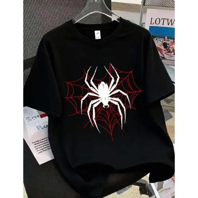 Streetwear Lover Unisex Summer Oversize Cotton Tee White Spider Red Web Dark Punk Print For Grunge Hip Hop Urban Daily Outfits Soft Breathable Heat Transfer Loose Fit.