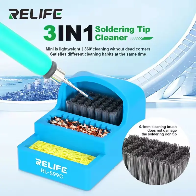 RELIFE RL-599C Solder Tip Cleaner 3-IN-1 Steel Brush/Copper Wire Ball/Sponge Welding Soldering Iron Tips Cleaning Tools