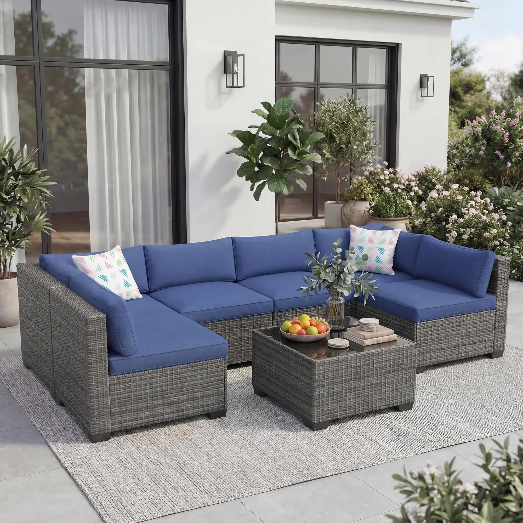 GARVEE 7-Piece Outdoor Patio Modular Sectional Sofa Set, All-Weather PE Rattan Wicker Conversation Furniture with Thick Cushions & Tempered Glass Coffee Table, Gray & Blue for Backyard, Poolside, Modular Set