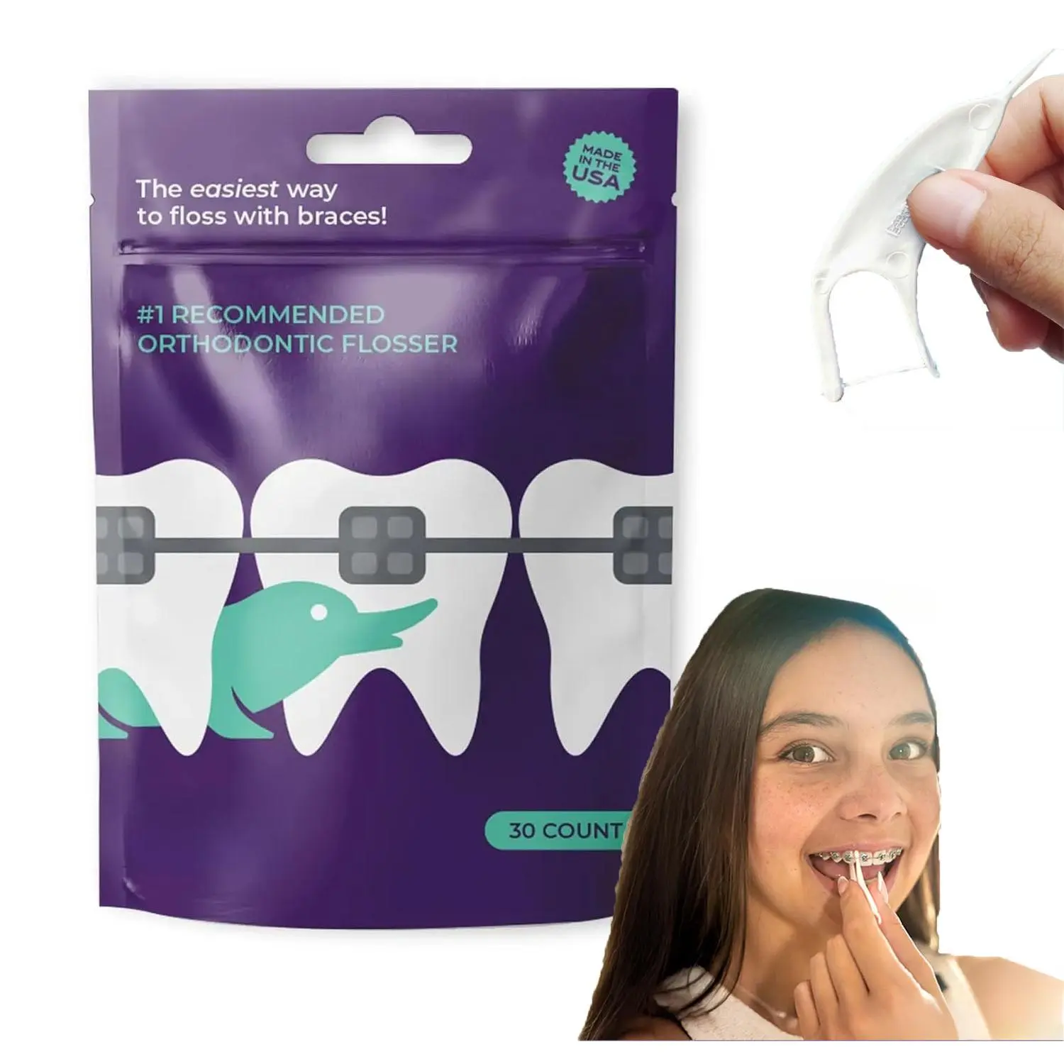 30 Count Orthodontic Flossers for Braces, Reusable Ortho Dental Floss Picks for Adults & Kids, Safe Non-Damaging Floss Tools Fits Under Arch Wire, Help Develop Daily Flossing Habits for Oral Care