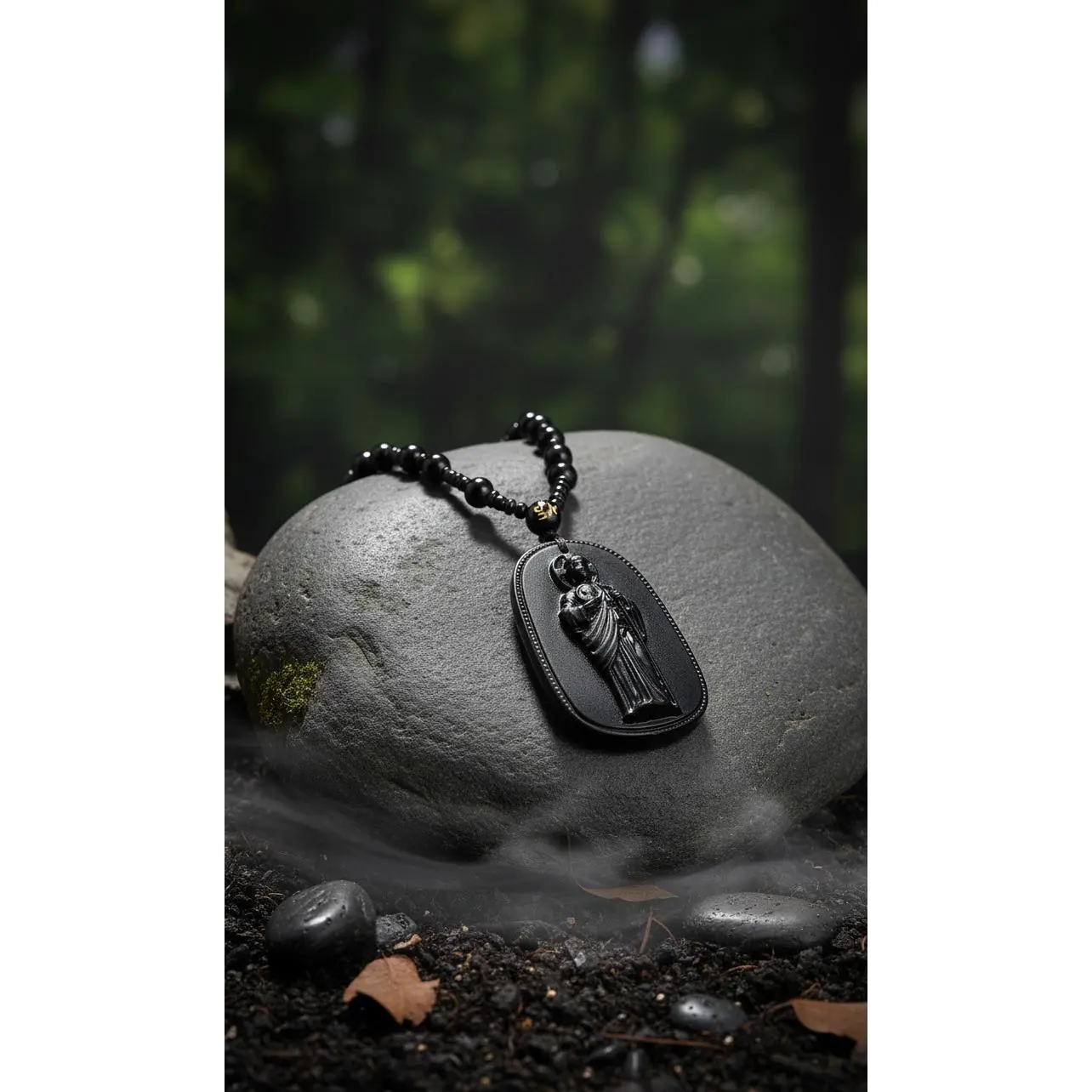 Handmade San Judas Tadeo Rosary Necklace Matte Solid Rectangular Engraved Pendant Strung Textured Bead Strand Unisex For Men Women Daily Catholic Prayer Spiritual Faith Portable Beaded Religious Jewelry