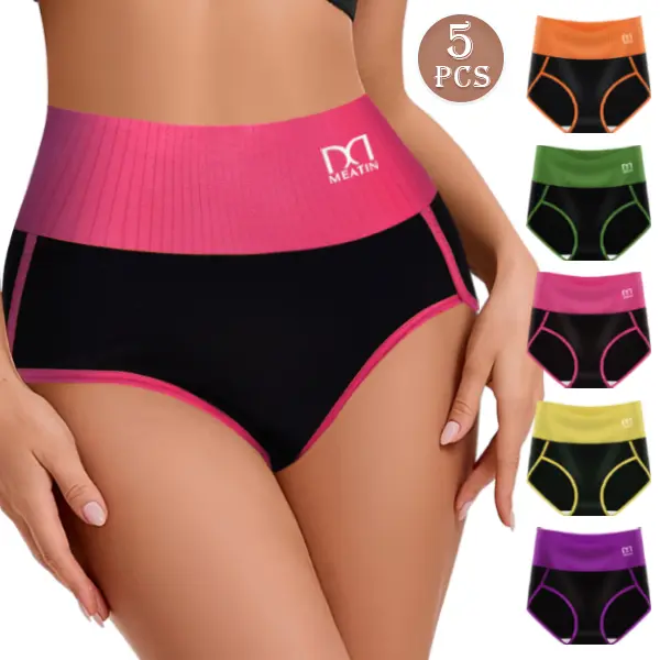 QUASTI 5 Pack Color Block High Waist Shaping Underwear for Women, Soft Stretch Breathable Tummy Control Hip Lift Briefs, Wide Leg Opening Non-Ride Up Comfy Daily Panties for Postpartum Yoga Office