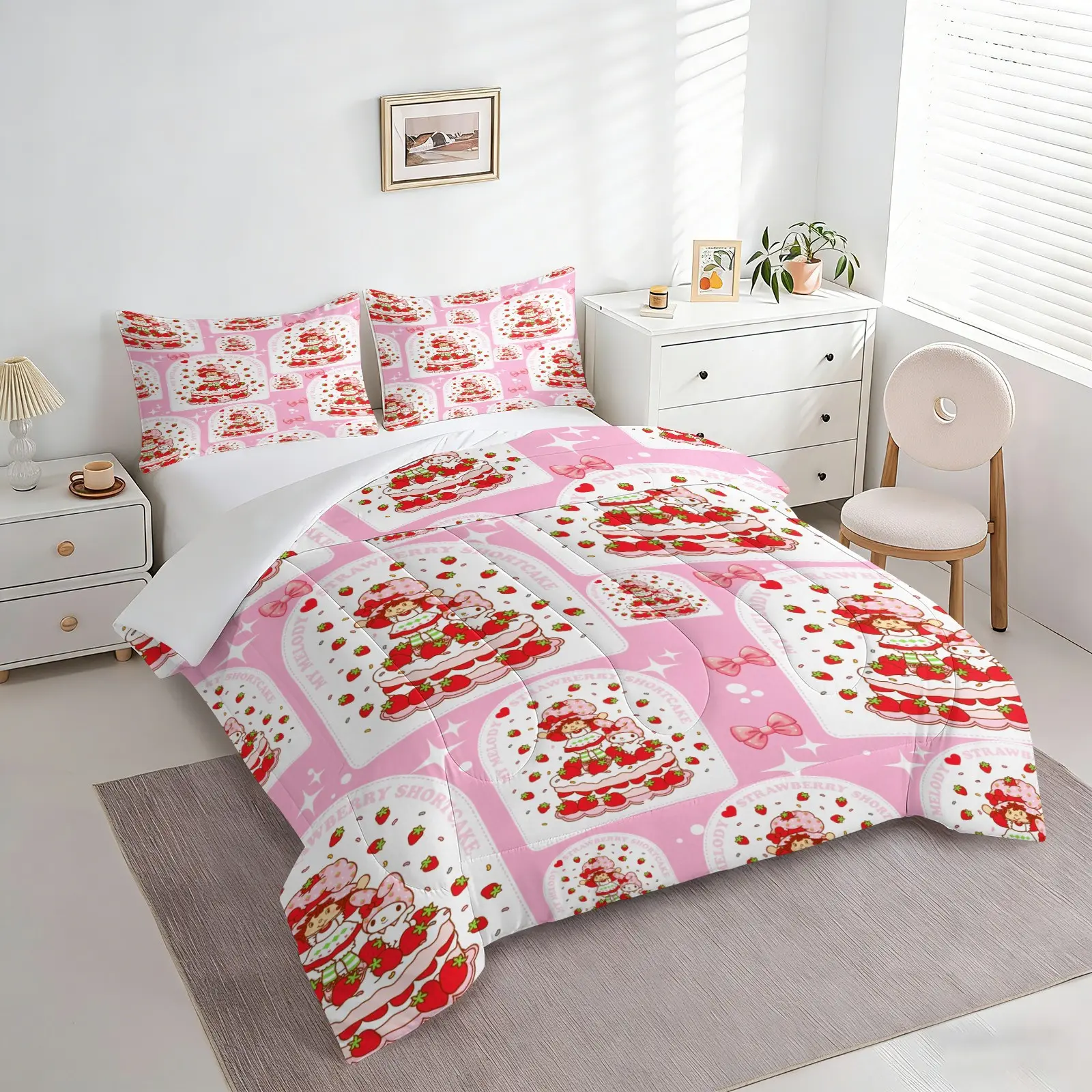 Pink Strawberry Cake Cartoon Girl Bow Comforter Set, 1 Comforter + 1-2 Pillowcases, Durable Soft Comfy Machine Washable Bed Set, High Definition Digital Print, Sweet Four Seasons Kawaii Style, Girls Bedroom Bedding Washable Bedding Supplies
